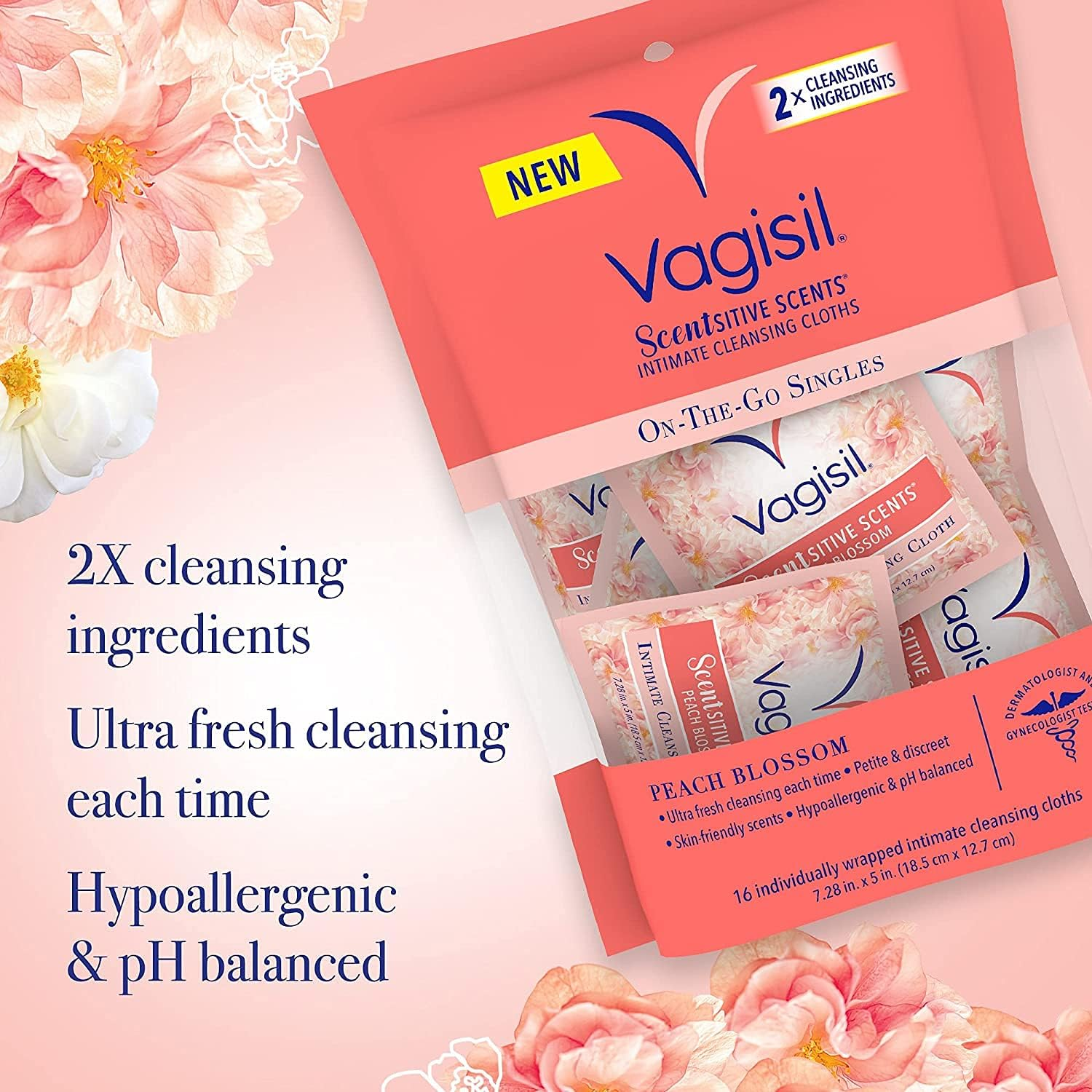 Vagisil Scentsitive Scents On-The-Go Feminine Cleansing Mini Wipes, Ph Balanced, Peach Blossom, Individually Wrapped, 16 Count (Pack of 3) image number 2
