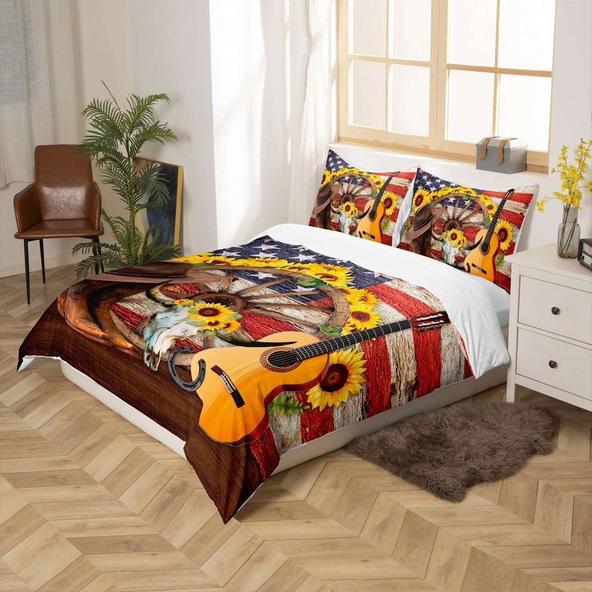 Western Cowboy Kids Duvet Cover Set Queen Size,Cow Skull Horseshoes Sunflowers Bedding Set,Boys Girls Adults Room Decor,American Flag Retro Comforter Cover,Rustic Farmhouse Quilt Cover,2 Pillowcases image number 5