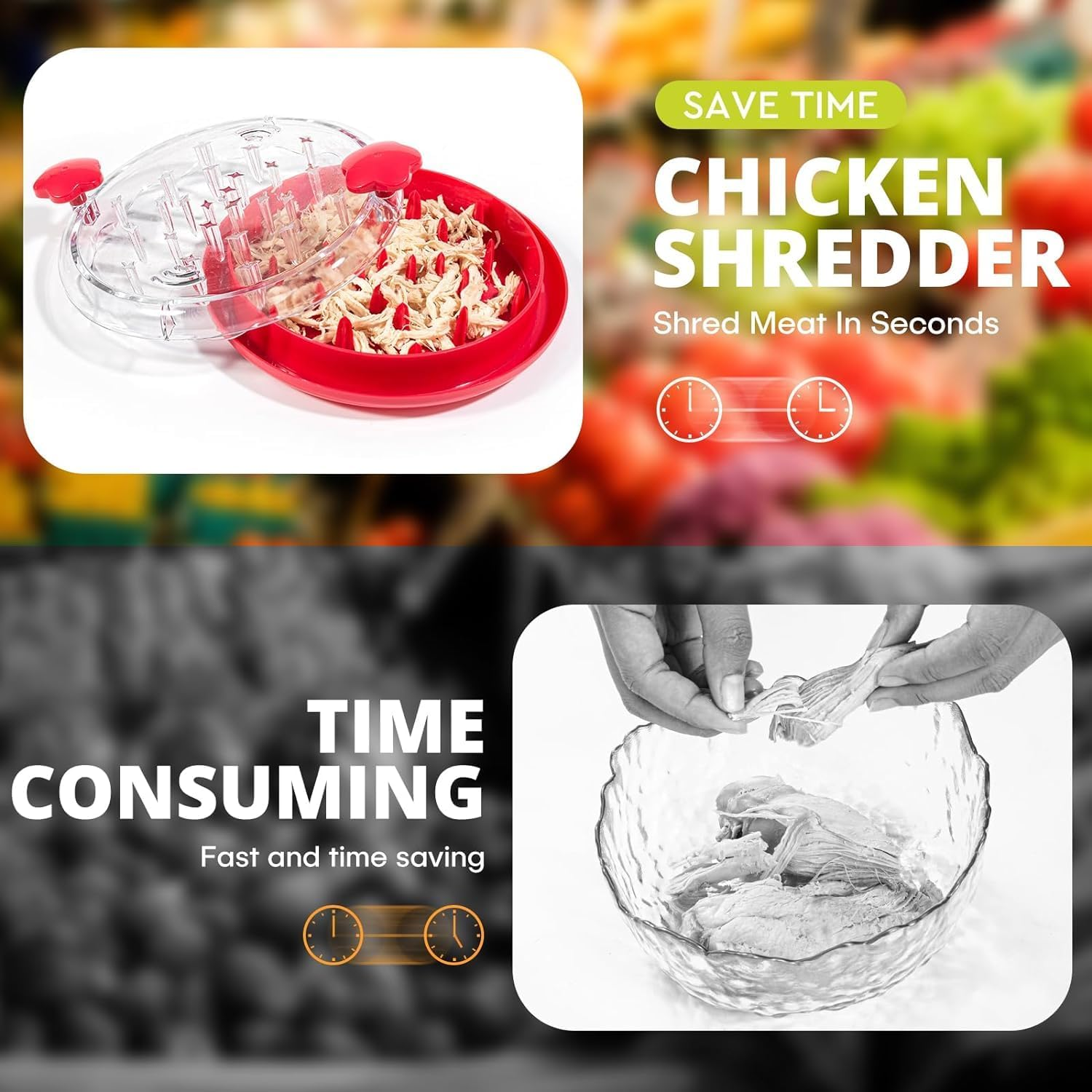 Chicken Shredder with Clear Lid, Visible Meat Machine with Ergonomic Handle, Non-Slip BPA Free Breast Shredder, Dishwasher Safe for Fish Pork Beef (Red) image number 3