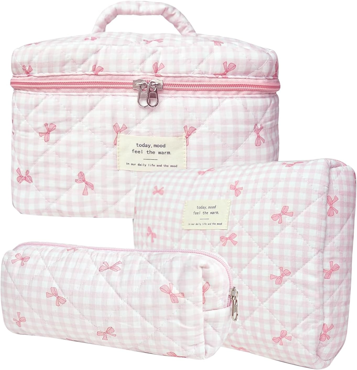 Everfunny 3 Pcs Cotton Quilted Makeup Bag Set, Floral Cotton Cosmetic Bag, Aesthetic Toiletry Travel Organizer Bag for Women, White Little Flower, Cosmetic Bag image number 5