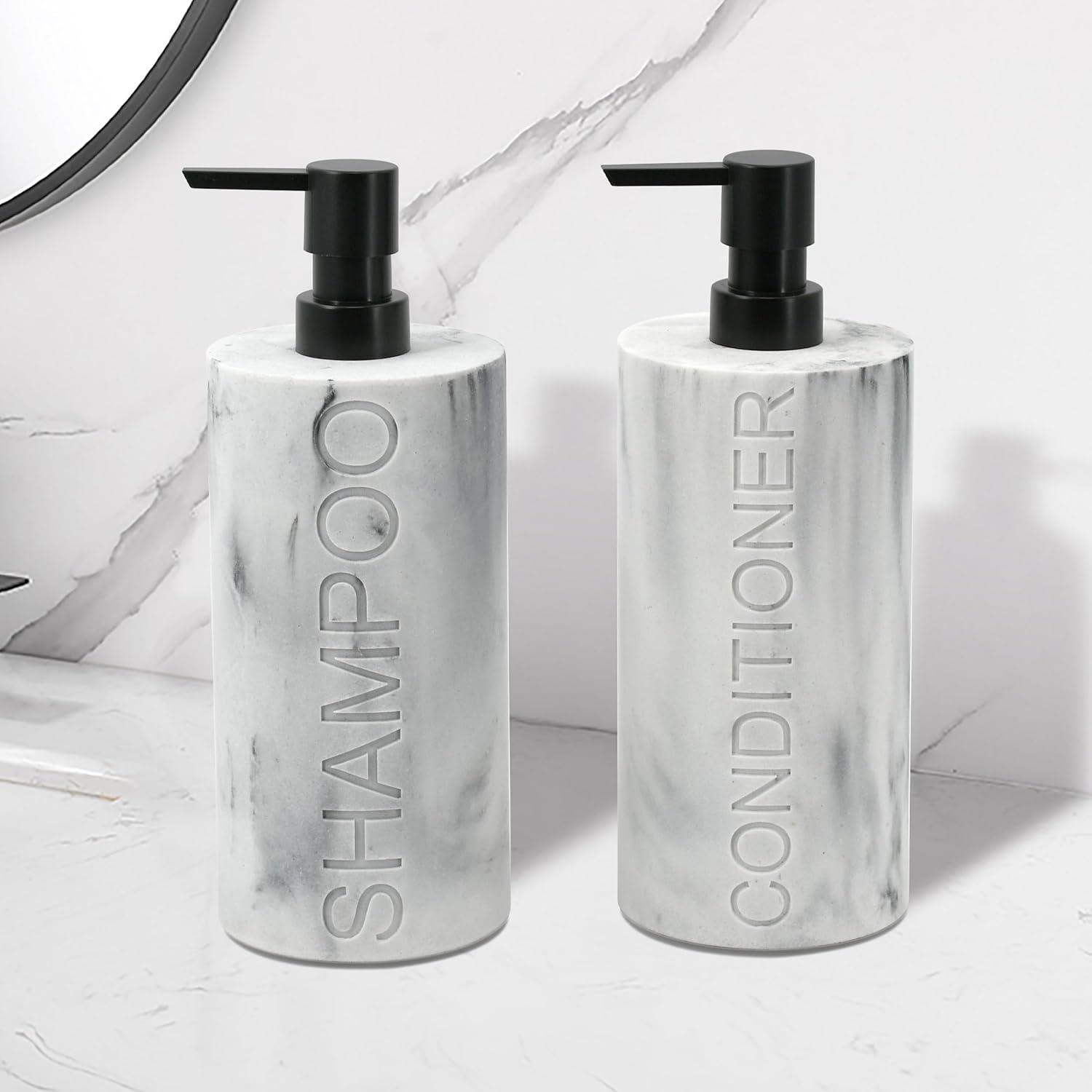 Indecor Home Marble Resin 2 Piece Shampoo and Conditioner Dispenser Set, Luxurious Refillable Pump Bottles with Matte Pump Top and Embossed Text, Durable Design for Bathroom and Shower image number 5