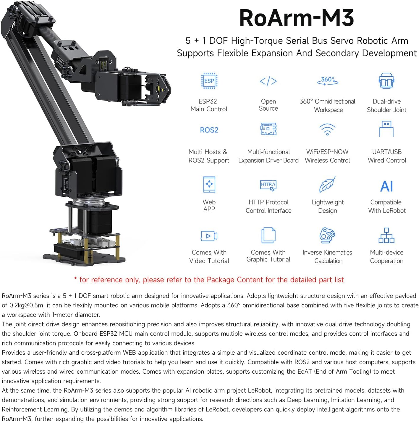 Waveshare Robotic Arm Kit, Desktop Robot Kit, 5 + 1 DOF, Based on ESP32, Wireless Control, 2-DOF Wrist Joint, Compatible with Lerobot, Adopts 5X All Metal ST3235 Bus Servos image number 4