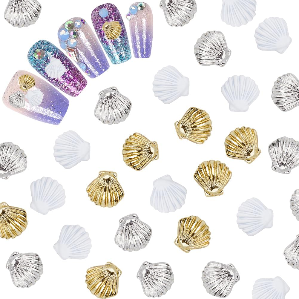 CRASPIRE 48Pcs/Box Sea Shell Nail Charms 3D 3 Colors Summer Ocean Luxury Seashell Gold Silver White Nail Gems Metal Alloy Flat Punk Studs Decor for Women Nail Art DIY Craft Jewelry Decor Accessories image number 5