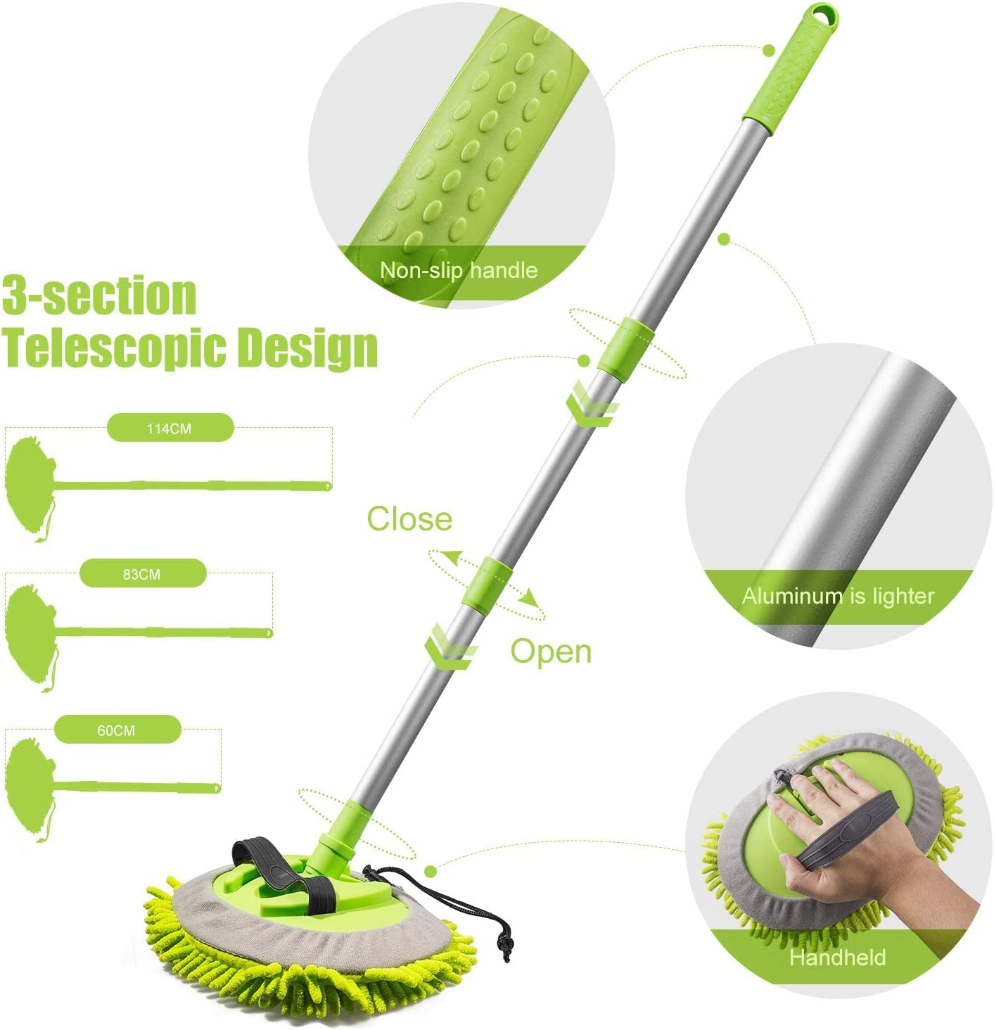 Bluefire 2 in 1 Car Wash Mop Mitt Chenille Microfiber Car Wash Brush with 44.5" Long Handle, 180&deg; Rotation Cleaning Tool Brush Duster for Truck RV Bus(Green) image number 1