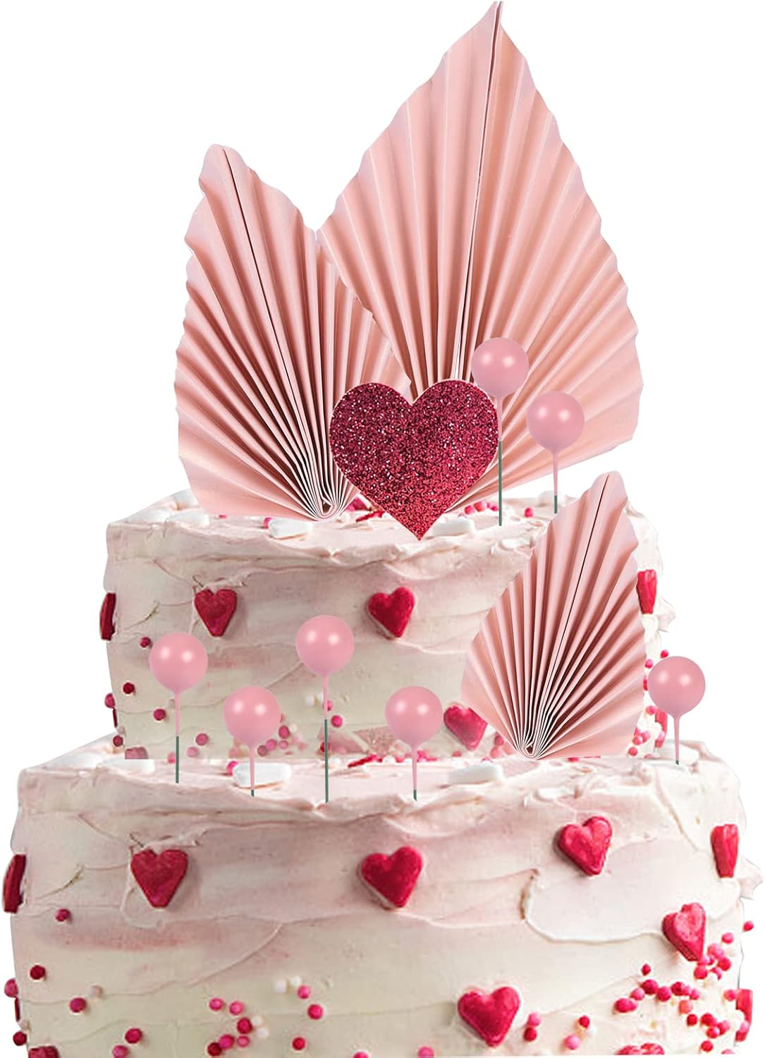 14 Pcs Pink Paper Cake Decorations Include 4 Pink Leaf Cake Topper DIY and 10 round Ball Cake Insert Decoration Birthday Cake Ornament image number 1