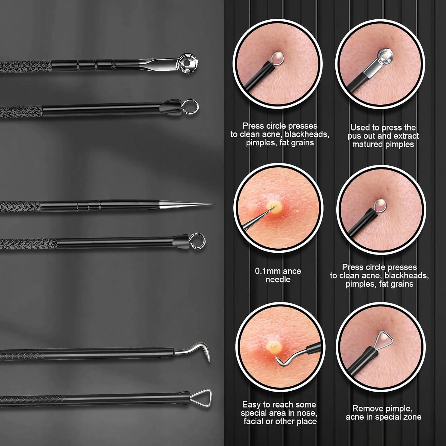Teenitor Blackhead Remover Tools and Pimple Popper Tool Kit, 9 Pcs Stainless Steel Black Head Remover for Face Tool Pimple Extractor Tool for Blackhead, Pimple, Ance, Whitehead, Facial Hair image number 3