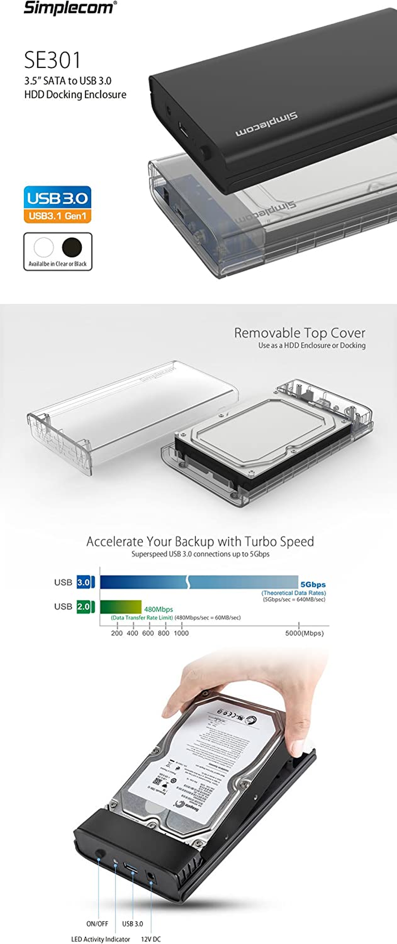 Simplecom SE301 3.5" SATA to USB 3.0 Hard Drive Docking Enclosure Black