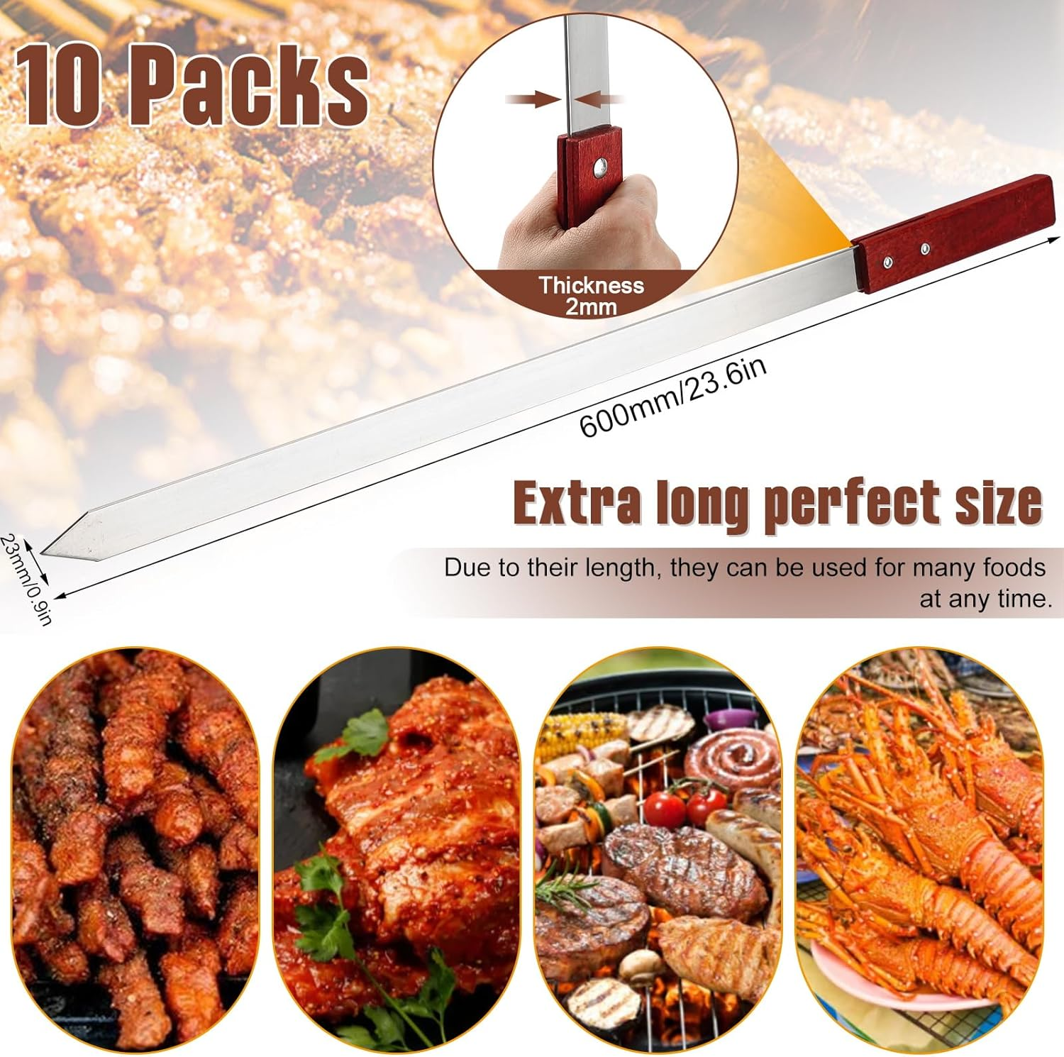 10 Pcs Heavy Duty Kabob Skewers 1 Inch Wide 2 Mm Thin Kabob BBQ Stainless Steel Metal Skewers for Grilling with Wooden Handles, Silver(60Cm Long) image number 4