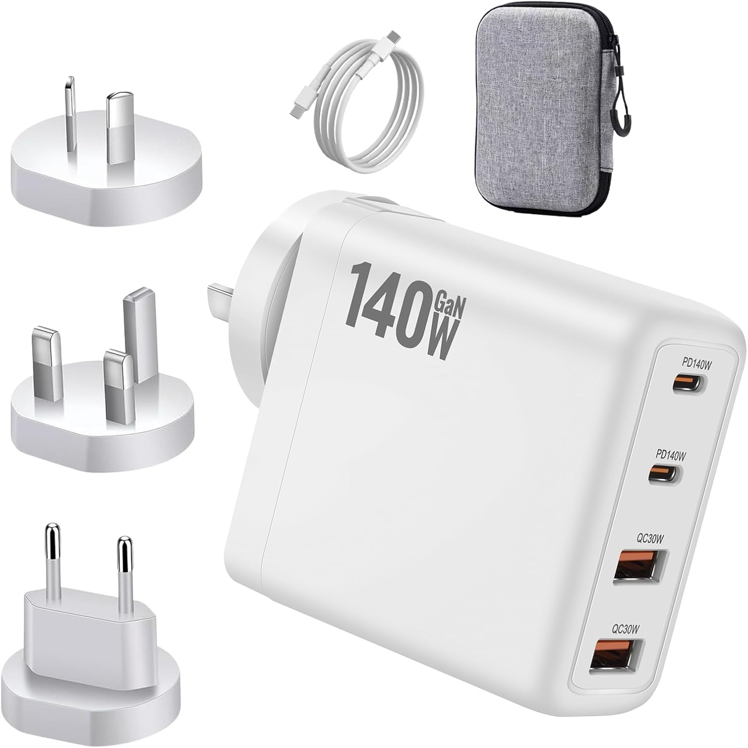 140W USB C Gan Charger - 140W USB-C PD Charger, Qc3.0Wall Charging Block, 2USB-C&2USB-A Laptop Charger Withus, UK, EU, AU Plug Heads&Travel Plugs Compatible with Macbook, HP, Dell, Iphone 16,Forgalaxy image number 1