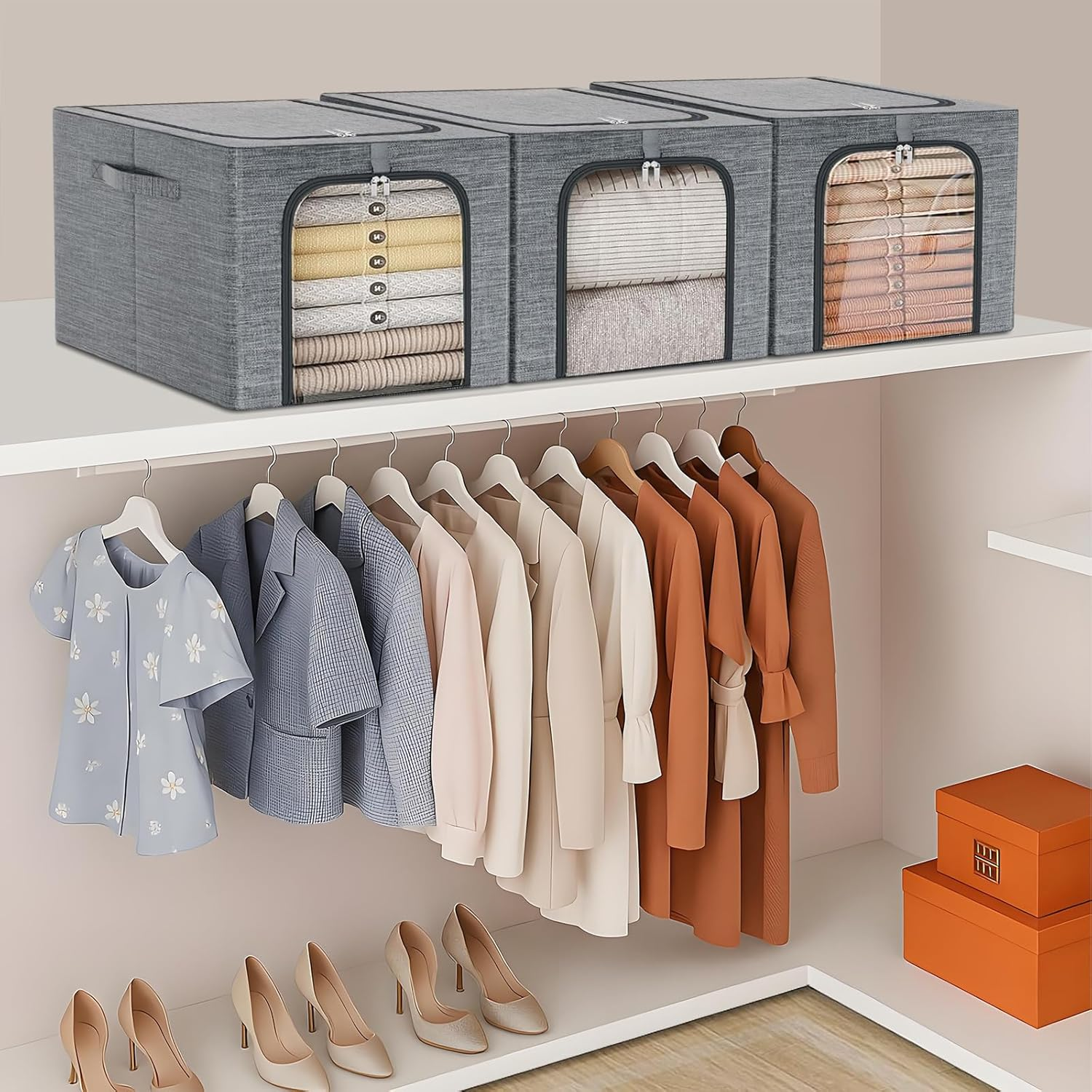 49L Clothes Storage Bags, 3 Pack Foldable Storage Bins Box with Metal Frame, Thick Stackable Closet Organizers Container Set with Handles Clear Window Cotton Linen(Grey) image number 4