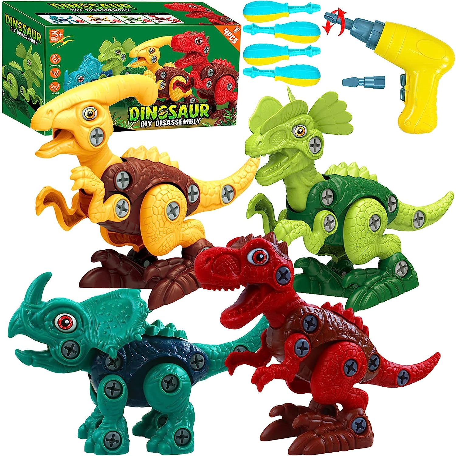4 Pack Dinosaur Toys for Kids, Take Apart Dinosaur Toy with Electric Drill & 4 Hand Drill Tool, Building STEM Toy Christmas Birthday Gift Learning Construction Toys for 3 4 5 6 7 8 Year Old Boy Girl image number 5