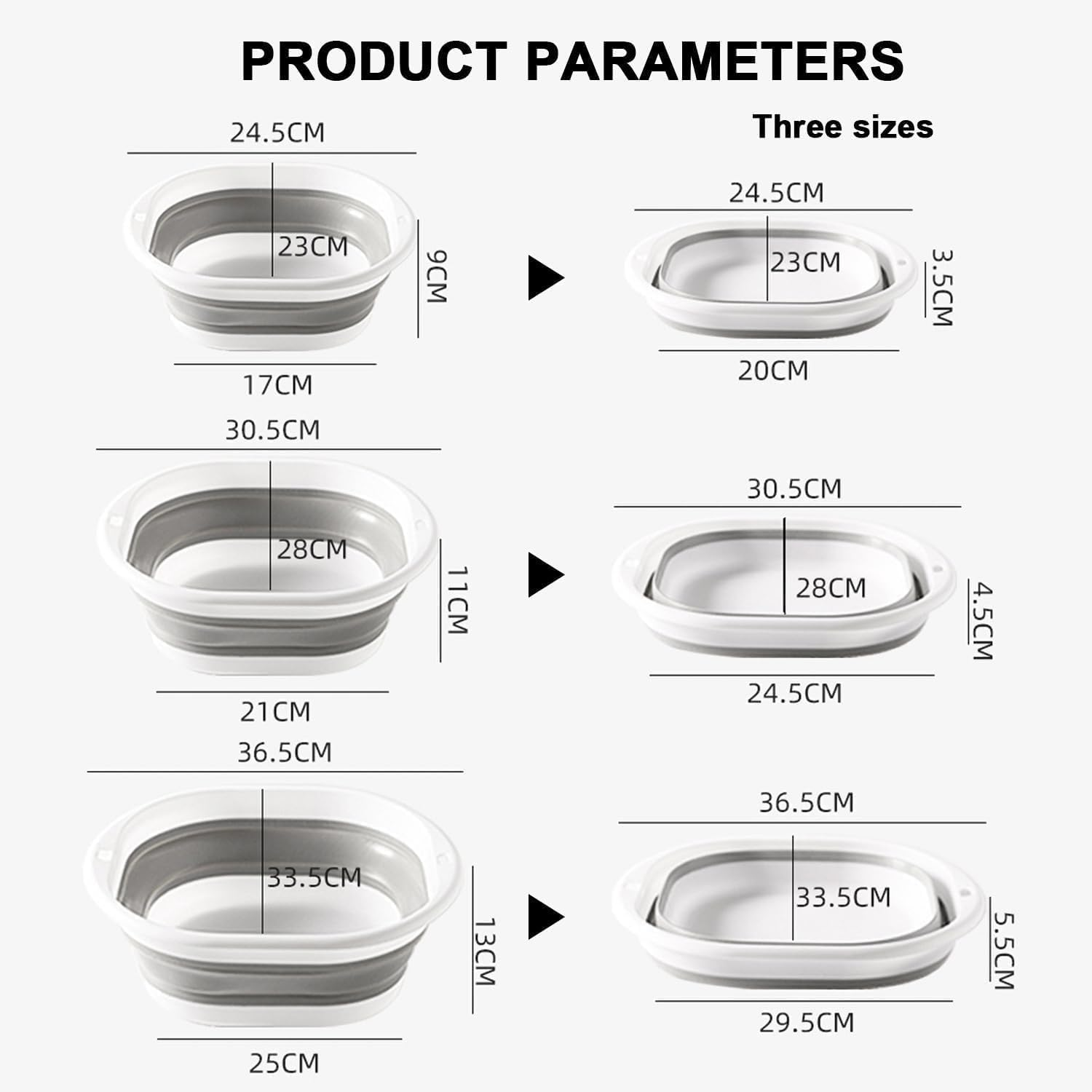 3 Pack Collapsible Wash Basin,Foldable Laundry Tub, Portable Wash Tub Set, Suspendable Design, for Dishing, Fruit, Foot Soak, Camping, Laundry, Home (Set of 3, S,M,L) image number 4
