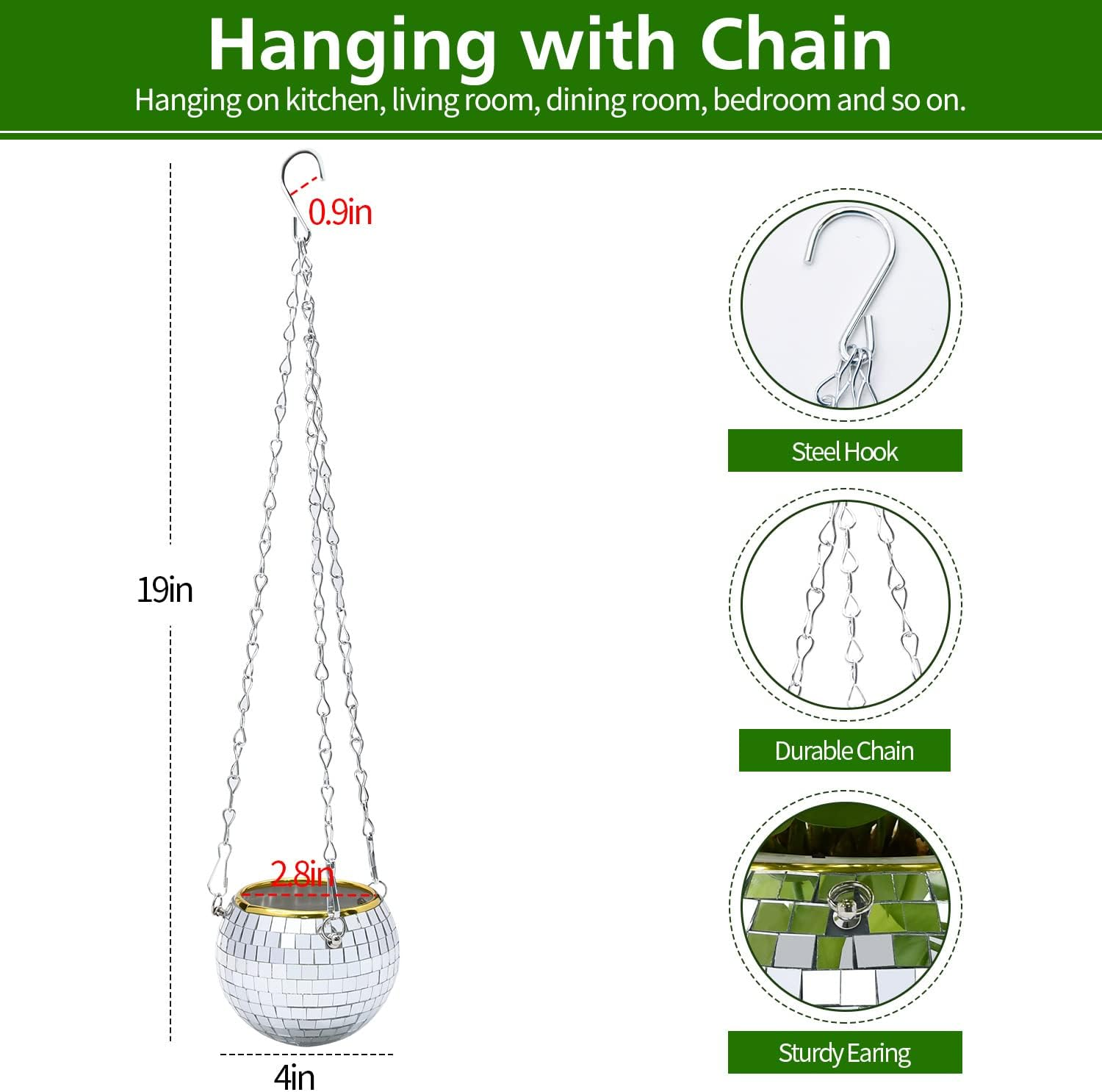 FGBNM Disco Ball Planter, 4" Silver Disco Ball Planter, Disco Ball Plant Hanger with Hanging Rope, Hanging Chain, Hook, Circle and Extra Mirror Pieces (4" Silver, 1Pcs) image number 5