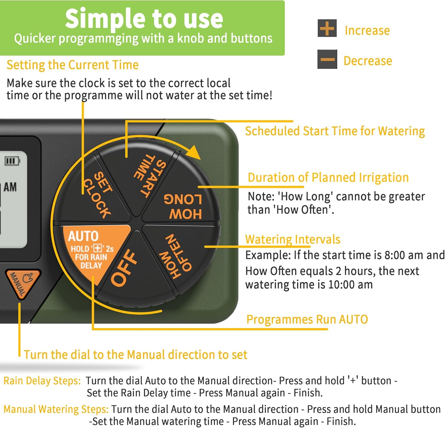 Water Sprinkler Timer, Diivoo Irrigation Timer Tap Timer with Rain Delay and Manual Watering, Water Timer for Lawns and Gardens image number 2