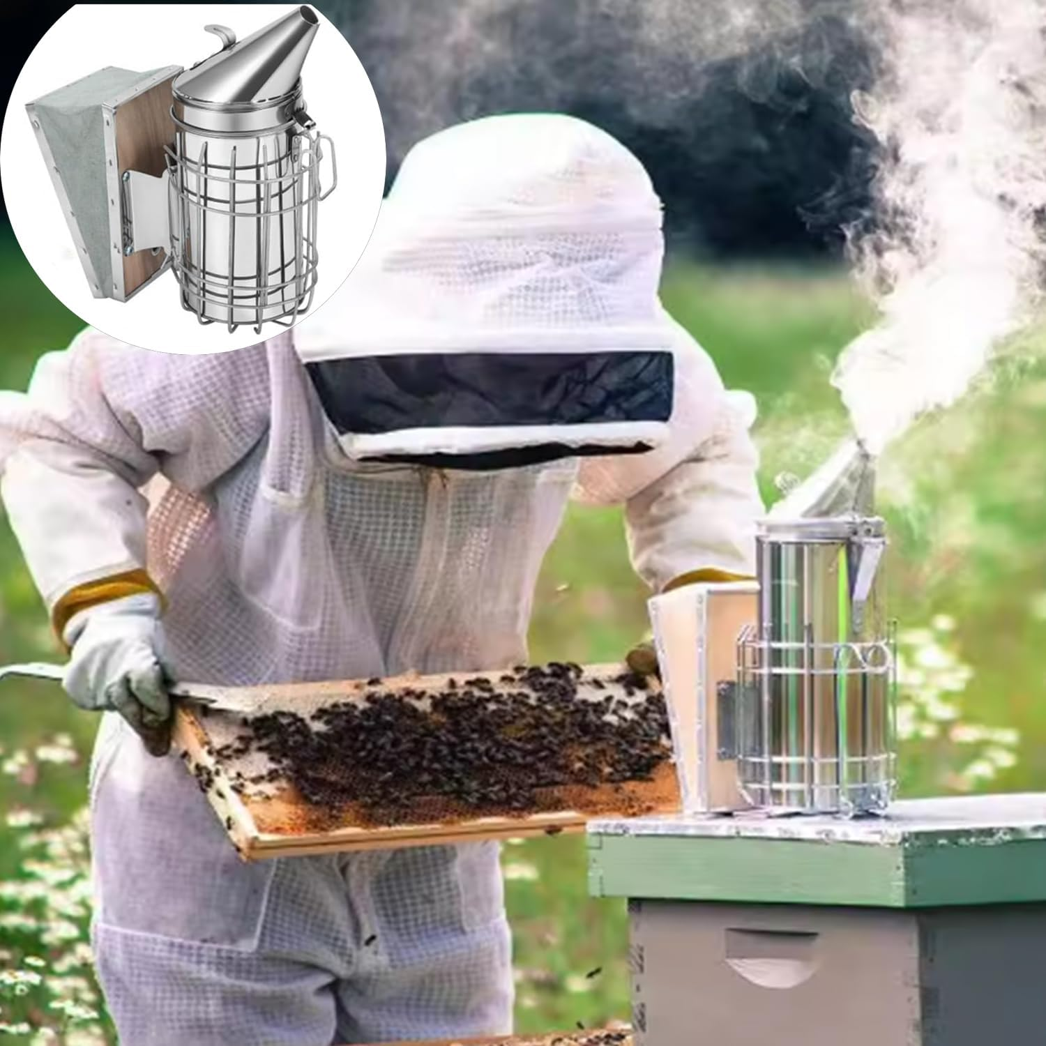 Roczential Bee Keeping Starter Kit,Beekeeping Supplies,Includes Smoker,Beehive Clip,Gloves,Bee Brush,Dcraper,Fork,Beehive Cage,Marking Tube,Feeder,For Beginners and Professional Beekeeper image number 3