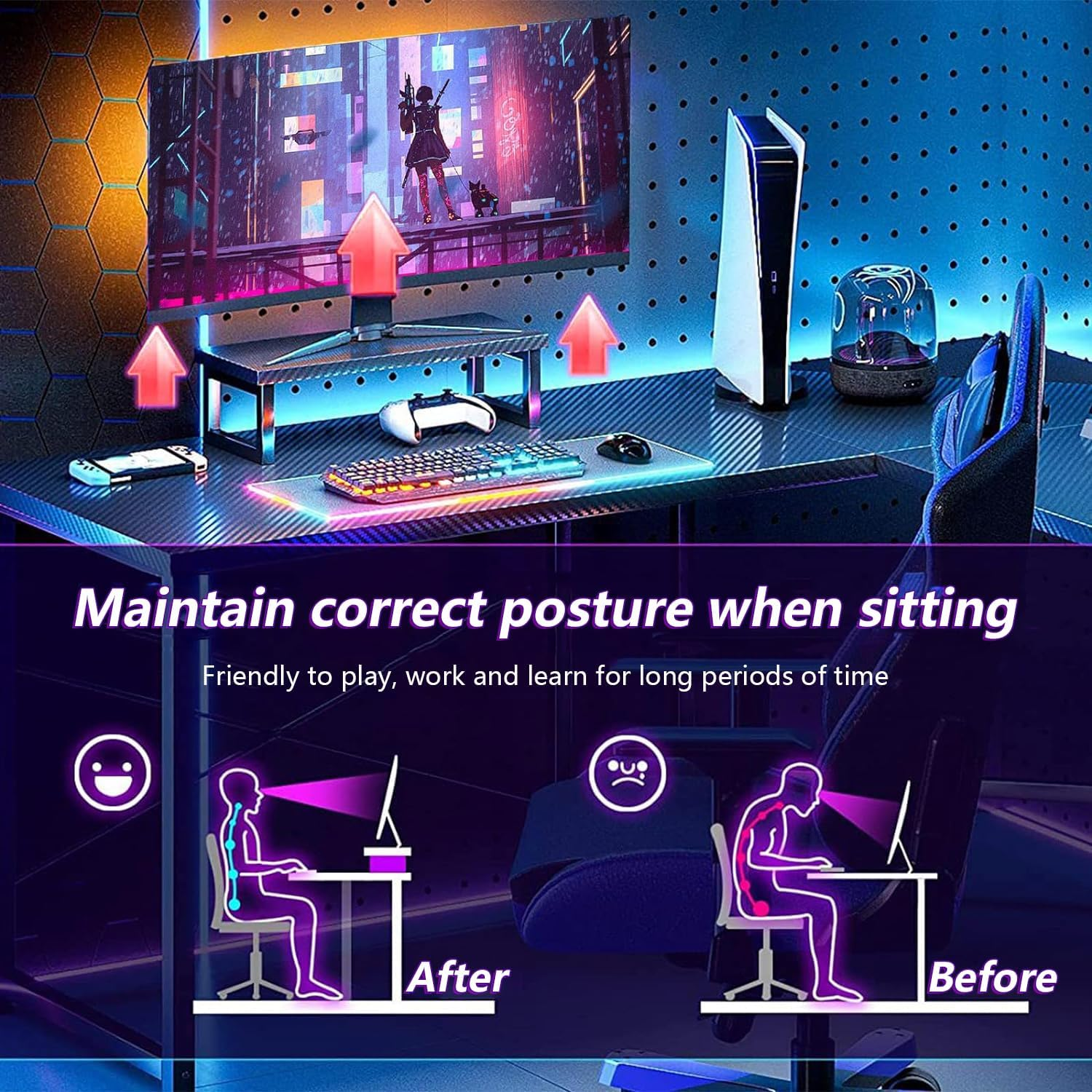 Gaming Desk 129X129X76Cm, L Shaped Desk with Monitor Stand&Storage Bag, Metal Legs, Corner Computer Table with Headphone Hook for Home Office Bedroom Study image number 4