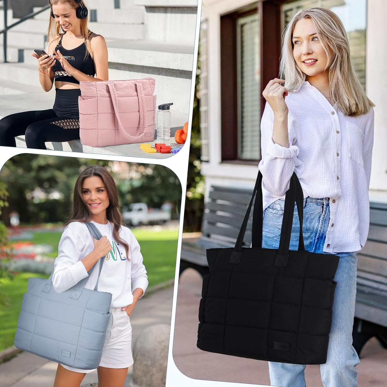 Tote Bag for Women, VASCHY Lightweight Large Quilted Puffer Work Tote with Laptop Compartments Zipper for Casual/Travel/Gym image number 5