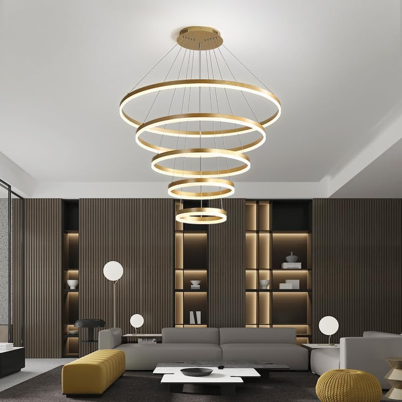 BAMDECOR Modern LED Chandelier, Dimmable Pendant Light with Remote Control Rings round Ceiling Lighting Fixture 3 Color Temperatures Contemporary Chandeliers (5 Rings-Gold) image number 1