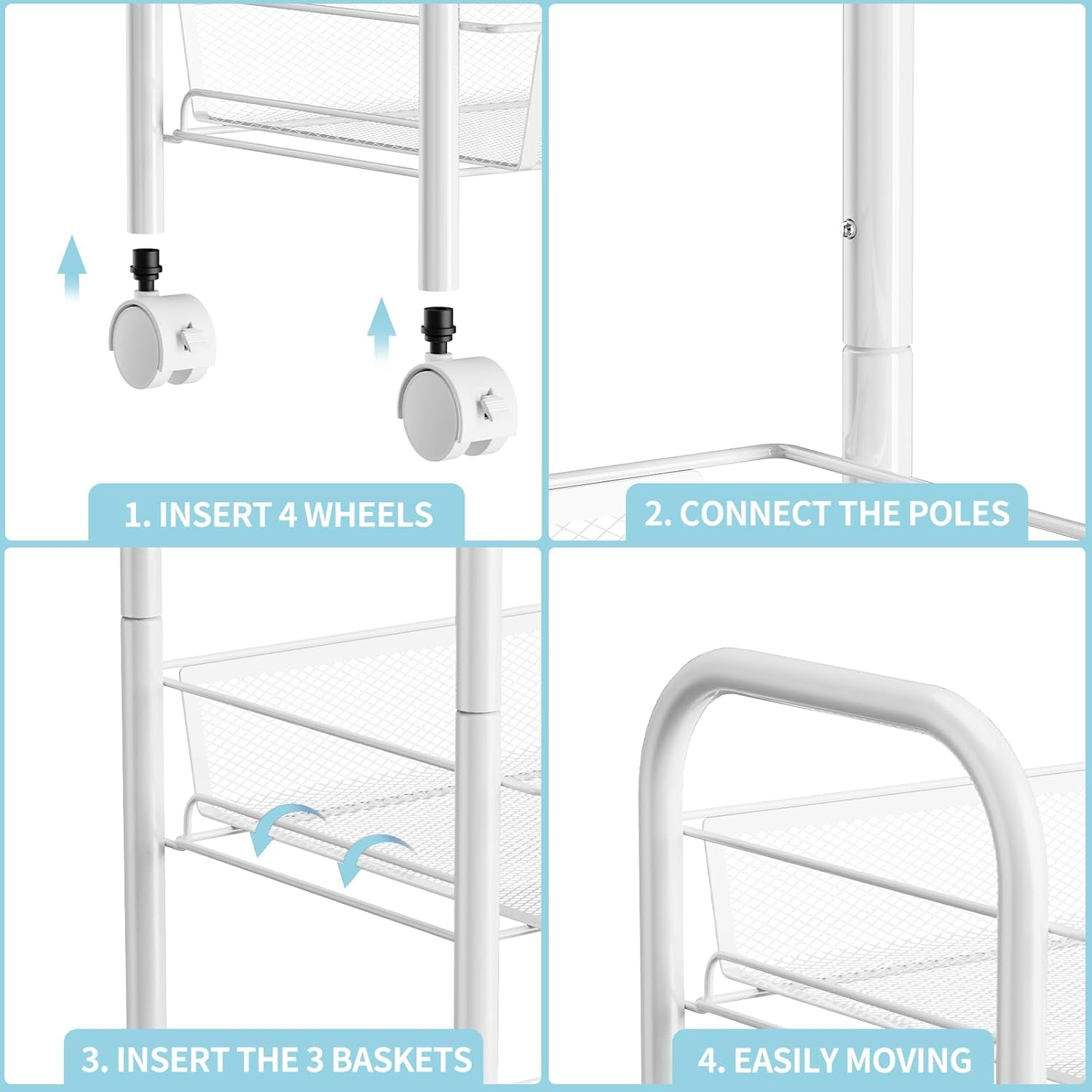 3-Tier Metal Storage Trolley, Rolling Cart, Mesh Storage Cart, Mobile Storage Trolley, Portable, Stable and Easy to Set Up, Bedroom Kitchen Bathroom Toilet Living Room Storage Cart, Metal, White image number 5
