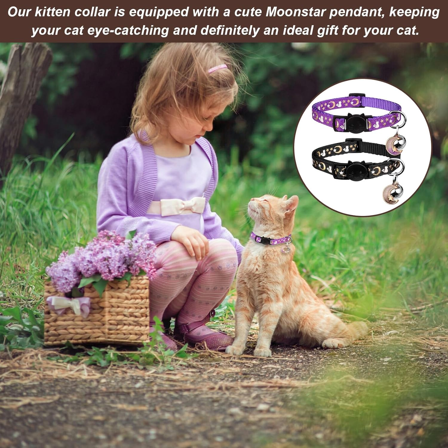 2Pcs Breakaway Cat Collar,Cat Collar with Bell,Cat Collar Airtag,Kitten Collar,Cat Collars,Moons Stars Cute Kitty Adjustable Safe Kitten Collars with Pendant Glow in the Dark(Black&Purple) image number 5
