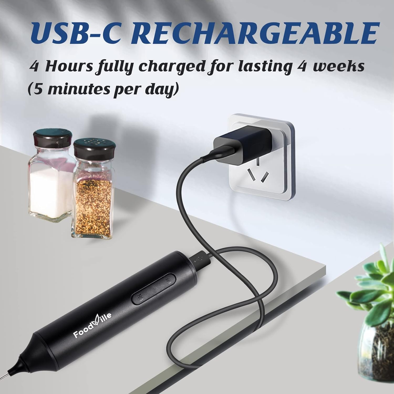 Bournehouse Rechargeable Milk Frother USB Charging Handheld Foam Maker with Stainless Balloon Whisk for Cappuccino, Latte, Bulletproof Coffee, Keto Diet, Protein Powder (Black without Metal Stand) image number 2