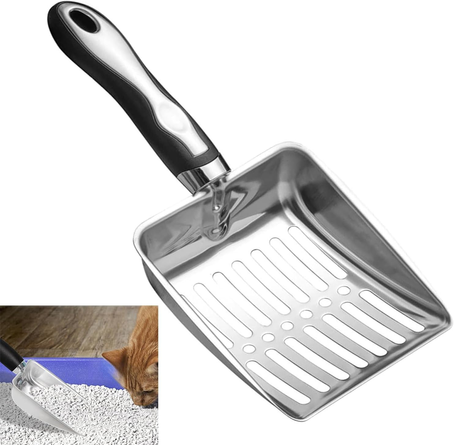 Roczental Stainless Steel Cat Litter Scoop Long Handle Durable Scooper for Kitty Litter Box Easy to Clean & Rust Proof Ergonomic Design (Black) image number 1