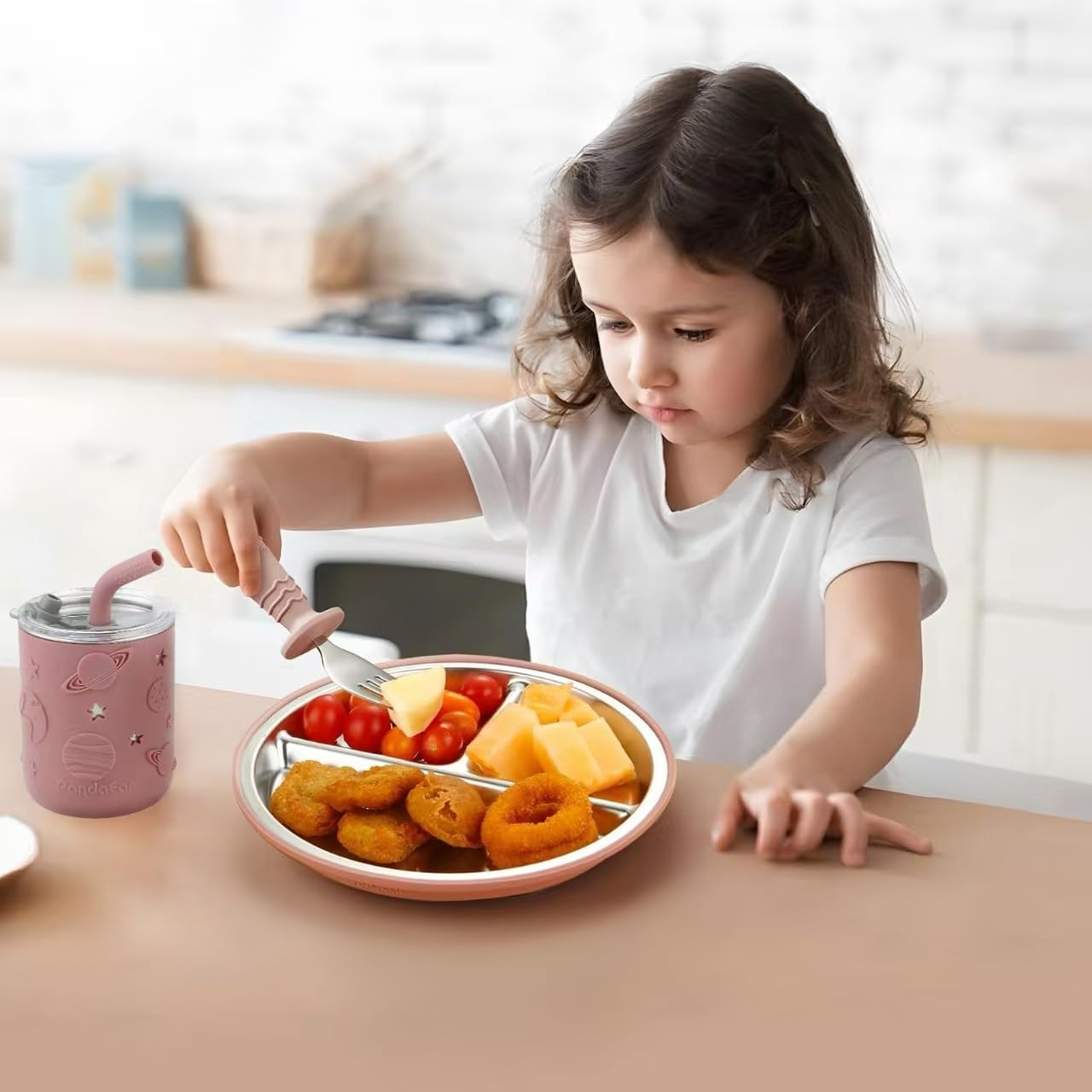 Pandaear Stainless Steel Baby Feeding Set | 2 Divided Suction Plates, 2 Spill-Proof Straw Cups with Silicone Sleeves, 2 Forks & 2 Spoons | Toddler Utensils for Baby Led Weaning, Bpa-Free image number 2