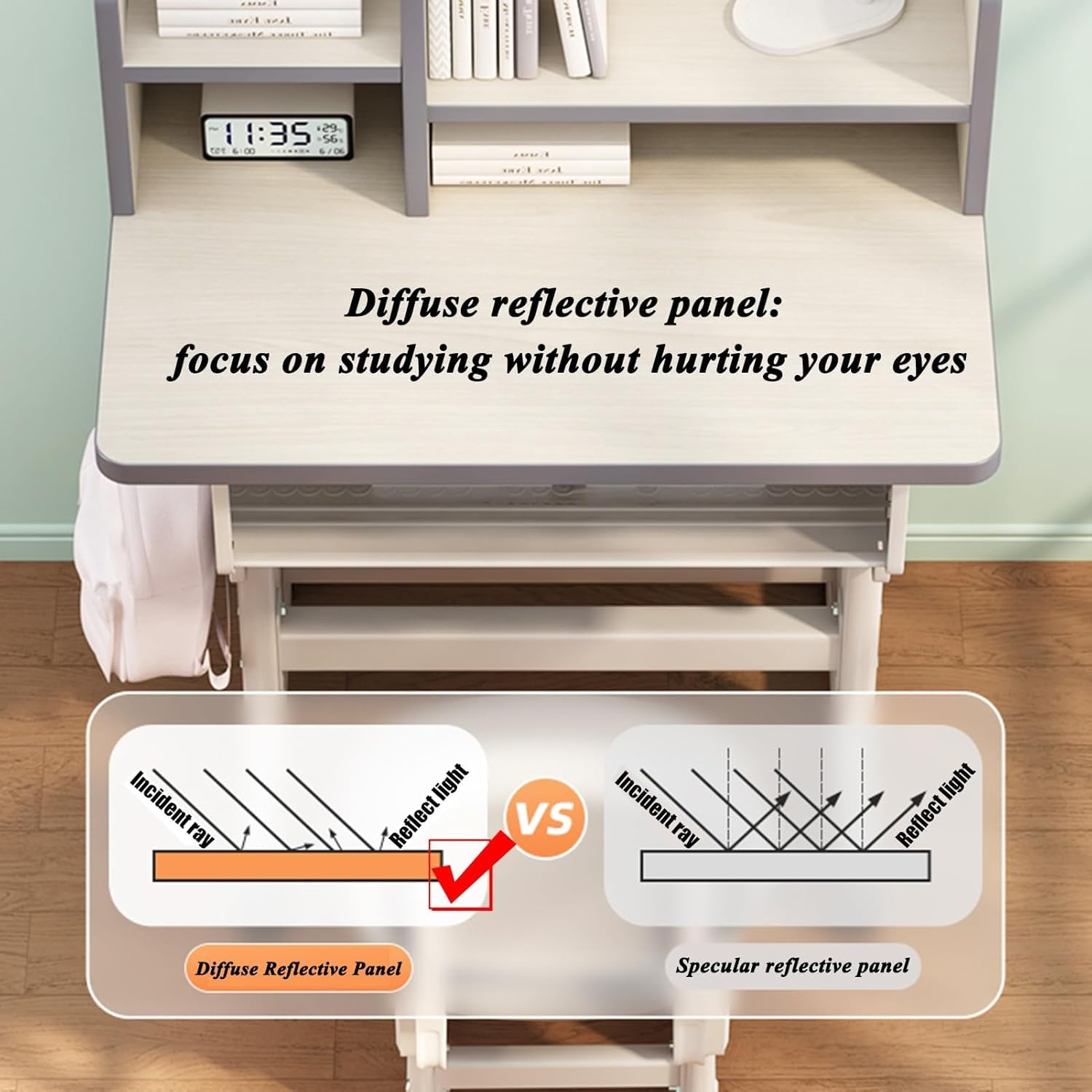 Kids' Study Desk Chair Sets, Adjustable Height, Ergonomic Design, with Large Storage Drawer and Bookshelf, Grey, for Bedroom