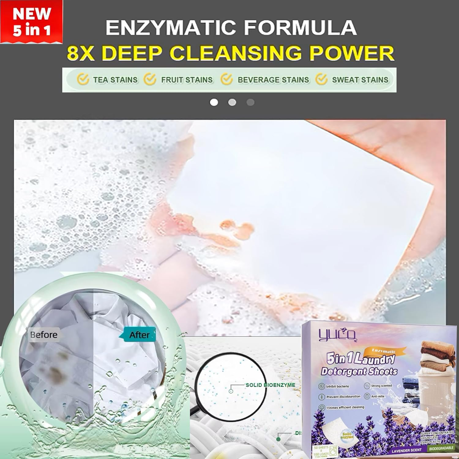 5-In-1 Laundry Detergent Sheets -100 Loads Ultra-Concentrated Stain Fighter & Color Catcher - Hypoallergenic, Plant-Based Laundry Soap - Fresh Lavender Scent, Travel-Friendly & Perfect for Dorms. image number 6