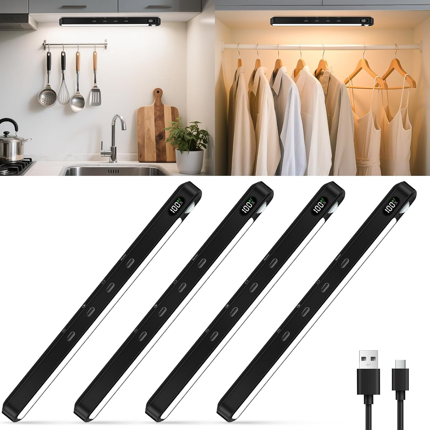WILLED Motion Sensor Light Indoor with Remote Control,64 LED under Cabinet Lighting,Battery Operated Closet Lights,3 Colors Temps Rechargeable Light Bar for Kitchen,Wardrobe,Pantry,Stair,Black(4 Pack)