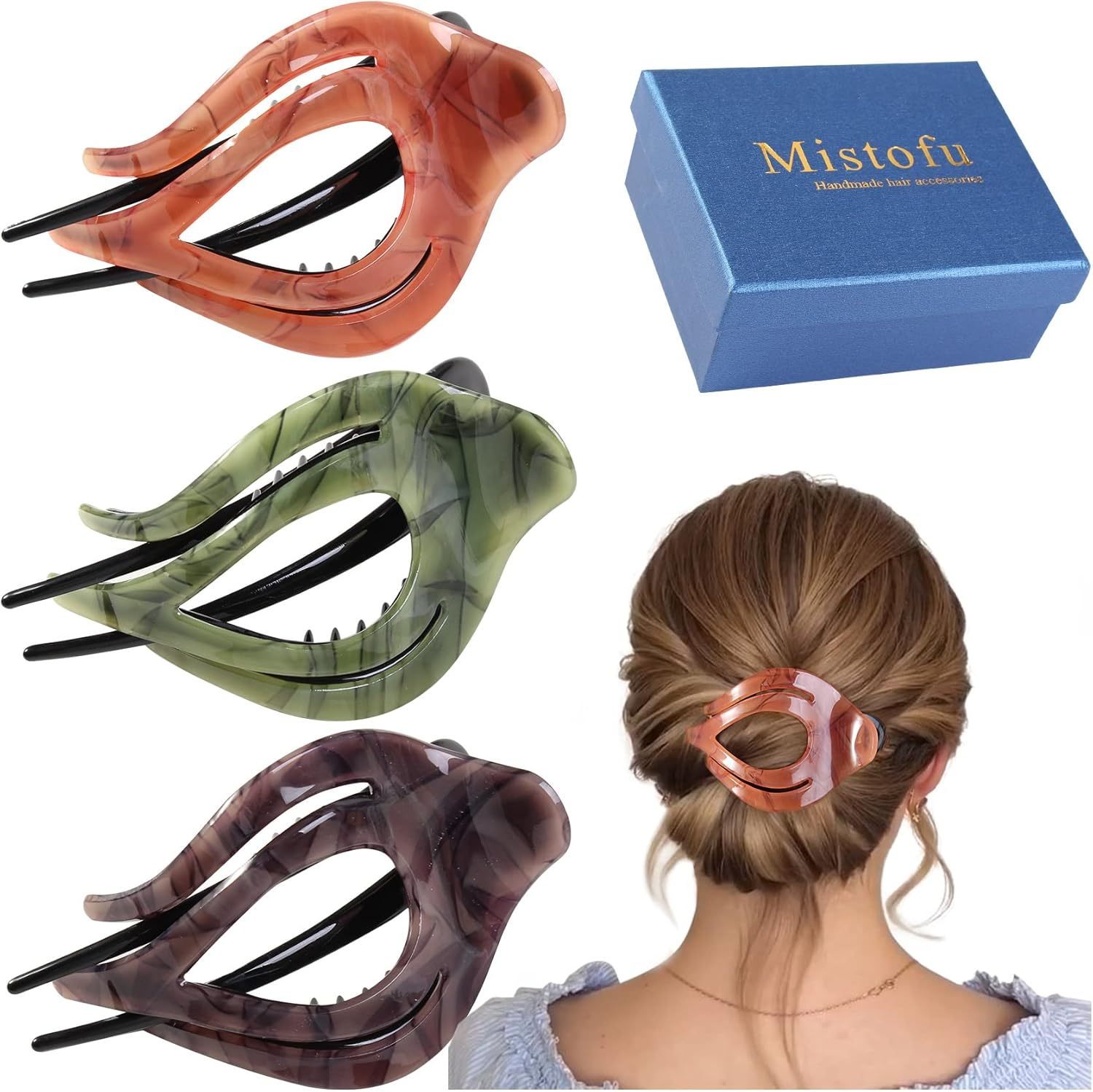 Mistofu 3Pcs French Concord Women'S Hair Claw Clips - Curved Strong Hold No Slip Grip Large Clips for Thick or Thin Hair (Multicolor A)
