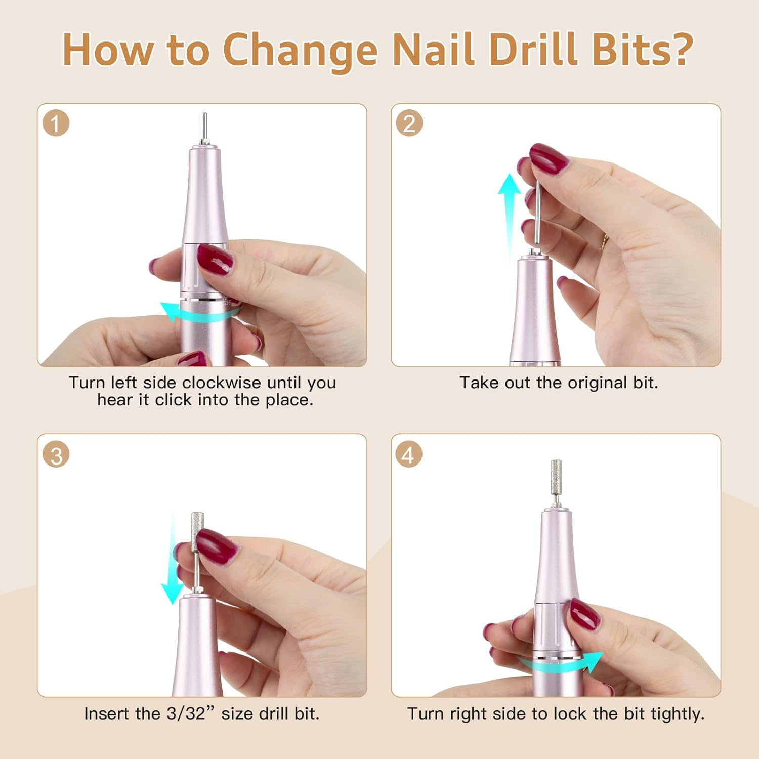 Madenia Rechargeable Nail Drill Machine: Professional Electric Nail Files USB E File for Acrylic Nails Gel, 35000RPM Adjustable Speed Manicure Machine with 6 Drill Bits and 56 Sanding Bands, Pink image number 3