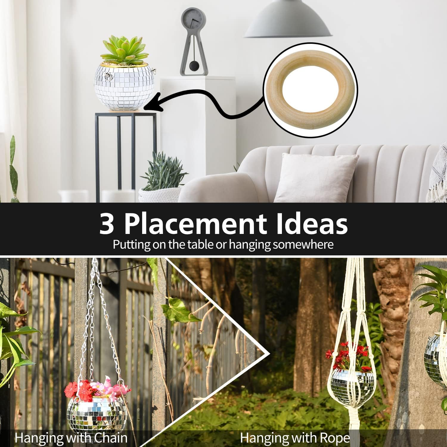 FGBNM Disco Ball Planter, 4" Silver Disco Ball Planter, Disco Ball Plant Hanger with Hanging Rope, Hanging Chain, Hook, Circle and Extra Mirror Pieces (4" Silver, 1Pcs)