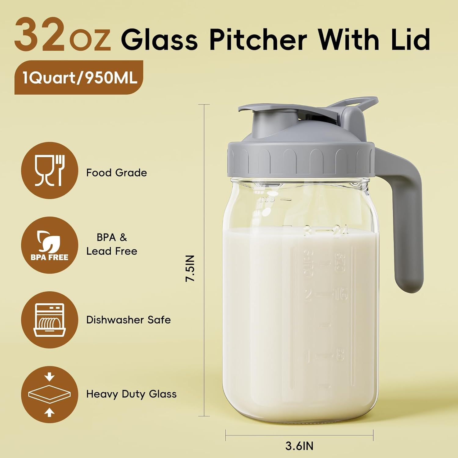 950ML Glass Pitcher with Lid, Breast Milk Pitcher Jug, Glass Mason Jar Airtight Pitcher with Pour Spout Handle for Breastmilk image number 1