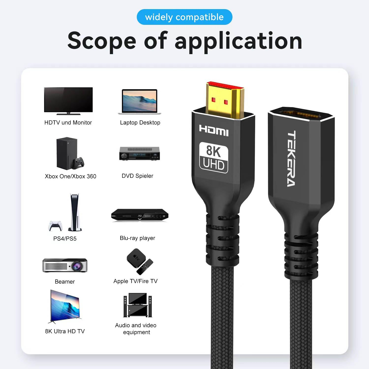 TEKERA 8K HDMI Extension Cable 1M, HDMI 2.1 Extender Male to Female, 48Gbps Ultra High Speed, Support 8K@60Hz 4K@120Hz HDR Earc VRR, Braided for PS5 Xbox TV Monitor Laptop（3.3Ft/1M） image number 2