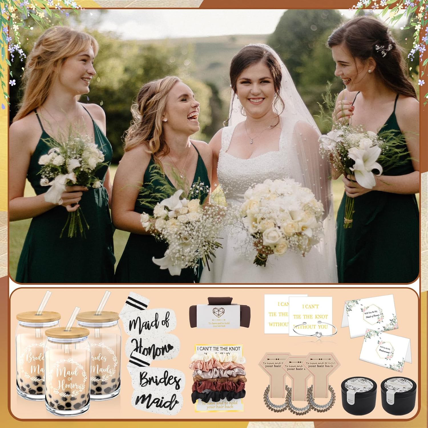 Mhoel 40Pcs Bridesmaid Proposal Box Gifts Set of 4 Will You Be My Maid of Honor Proposal Gifts Set Rectangular Hair Clips Soft Socks Scented Candle Bridesmaid Scrunchies Spiral Hair Ties Bridal Shower image number 4