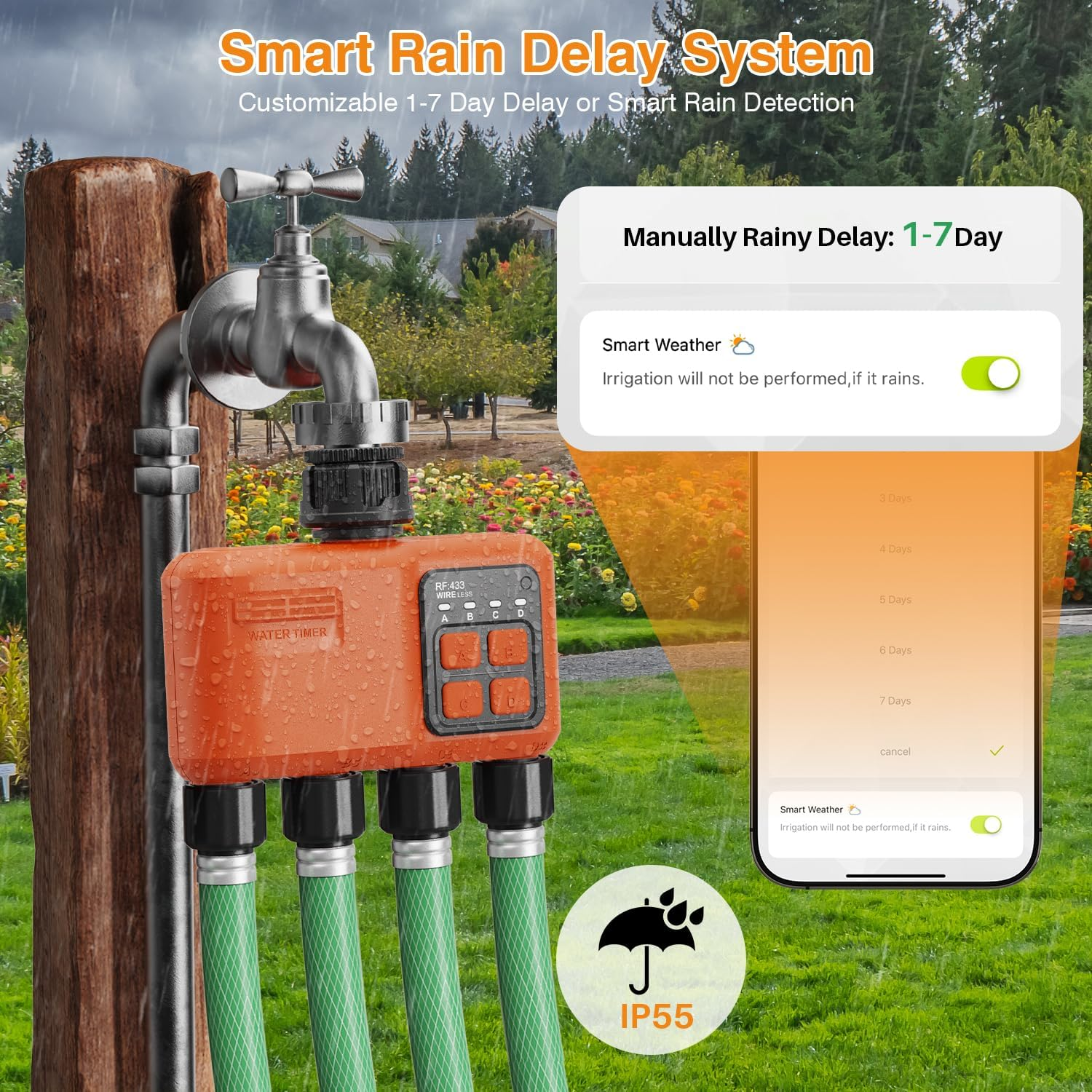 Smart Wifi Sprinkler Timer 4 Zone,Wifi Water Timer for Garden Hose with 984 FT Range,App & Remote Control,Alexa & Google Voice Compatible,Rain Delay, Manual Mode Sprinkler System image number 2