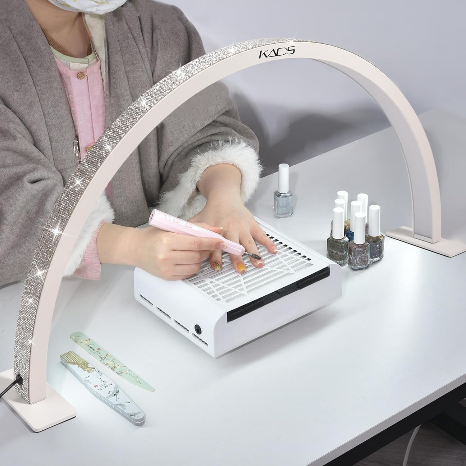 KADS Half Moon Nail Desk Lamp, Half Moon Light for Nail Desk, Lash Light for Eyelash Extensions with 3 Color Temperature 3000K-6500K for Manicure, Lash, Tattoo, Skincare (Large, White) - Pink image number 3