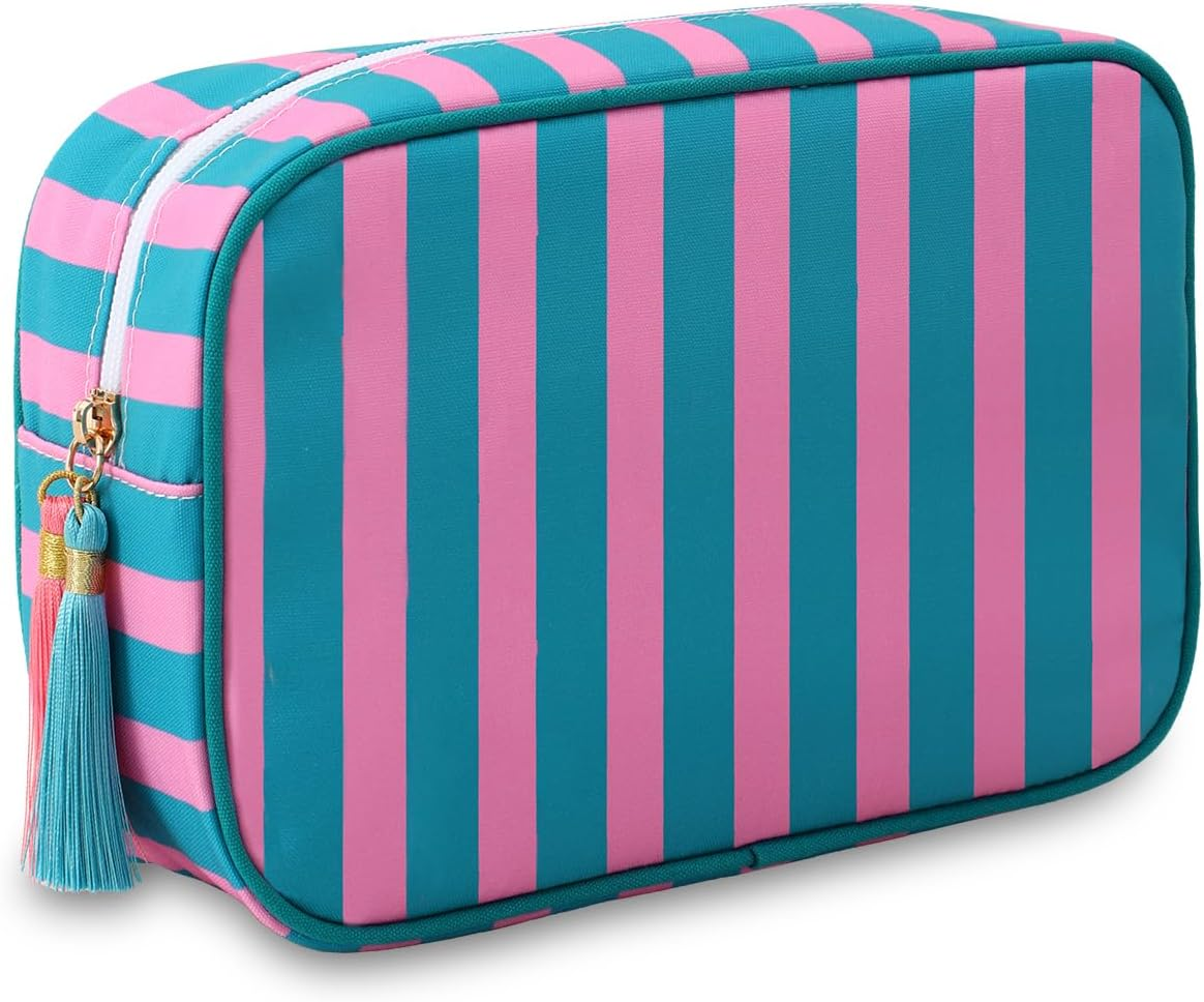EMBRUNIOICE Stripe Makeup Bag Travel Cosmetic Bag Organizer Tassel Toiletry Bag Large Canvas Zipper Pouch and Accessories Storage Bag for Women, Red& Pink