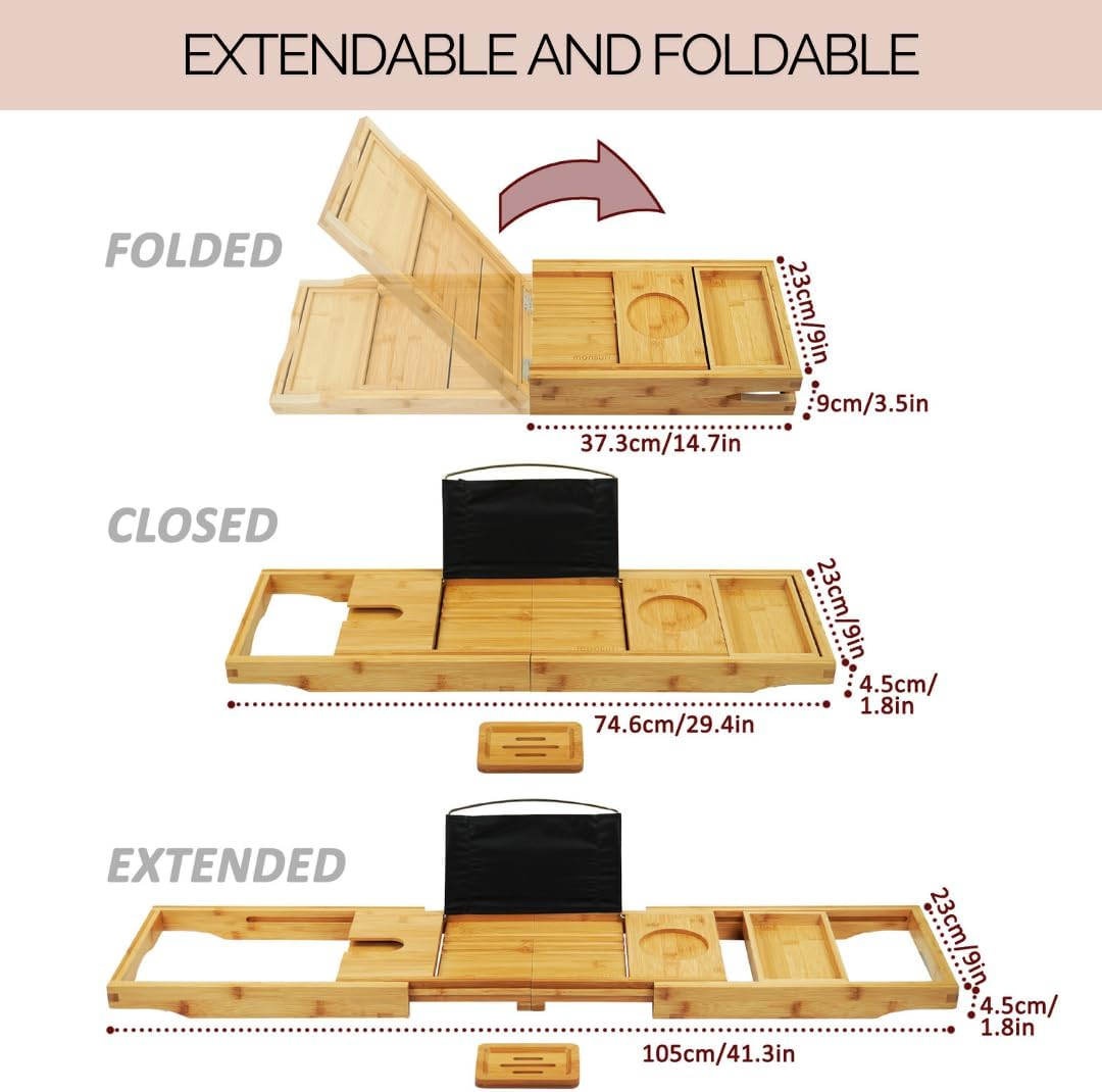Foldable Bamboo Bathtub Tray Caddy - Expandable Bath Tray for Tub | Secure, Non-Slip Bathtub Caddy Tray for Tub for Bath Accessories, Bath Stuff &ndash; Perfect Relaxing Gifts for Women and Spa Gift Set image number 5
