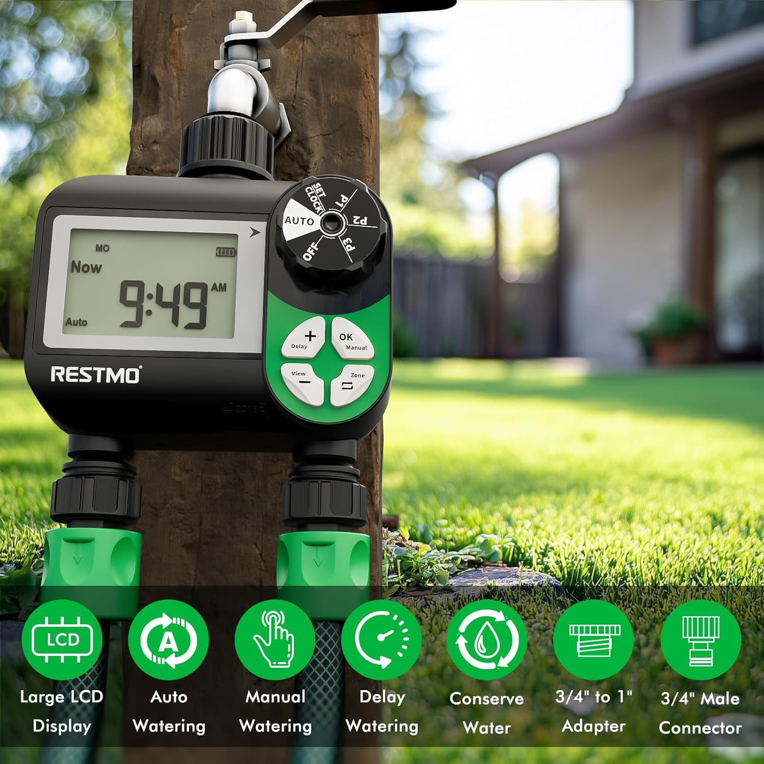 Restmo Water Timer with 3 Separate Programs, 7-Day Programmable Sprinkler Timer for Garden Hose, Automatic Control/Manual/Rain Delay for Drip Irrigation, Lawn and Yard Watering System, 2 Zone