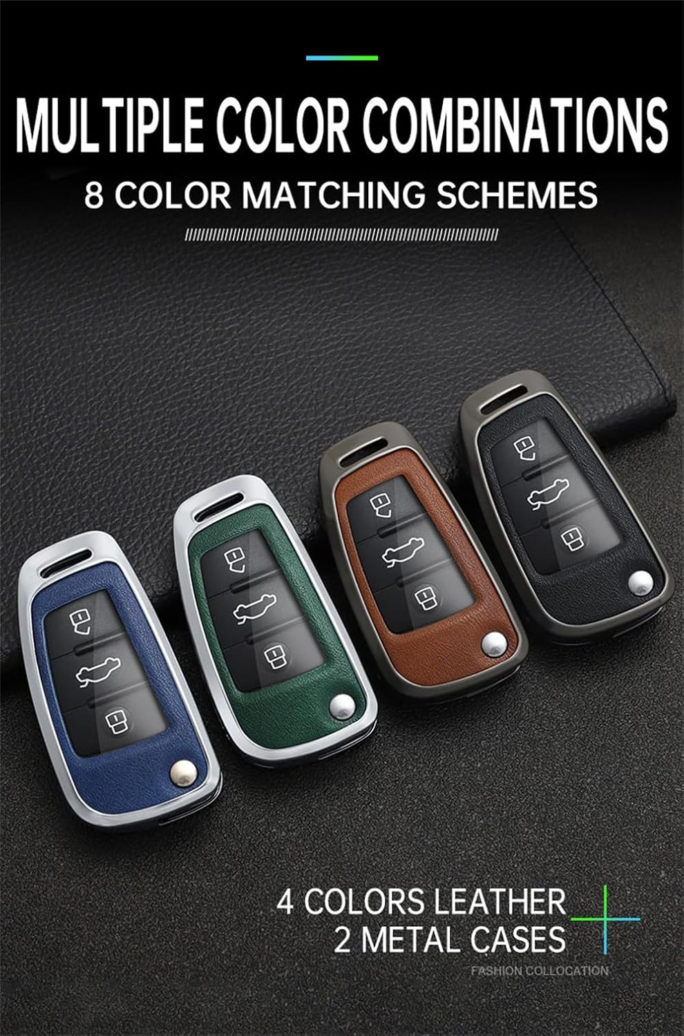 Ontto Metal Car Key Fob Cover Fit for Audi A1 A3 8P A4 A5 A6 C7 A7 S3 S7 S8 R8 Q2 Q3 Q5 Q7 Q8 SQ5 TT RS3 RS6 3 Buttons Flip Leather Key Case Shell Key Holder Keyring Keychain Accessories Black-Green - Black-Borwn image number 4