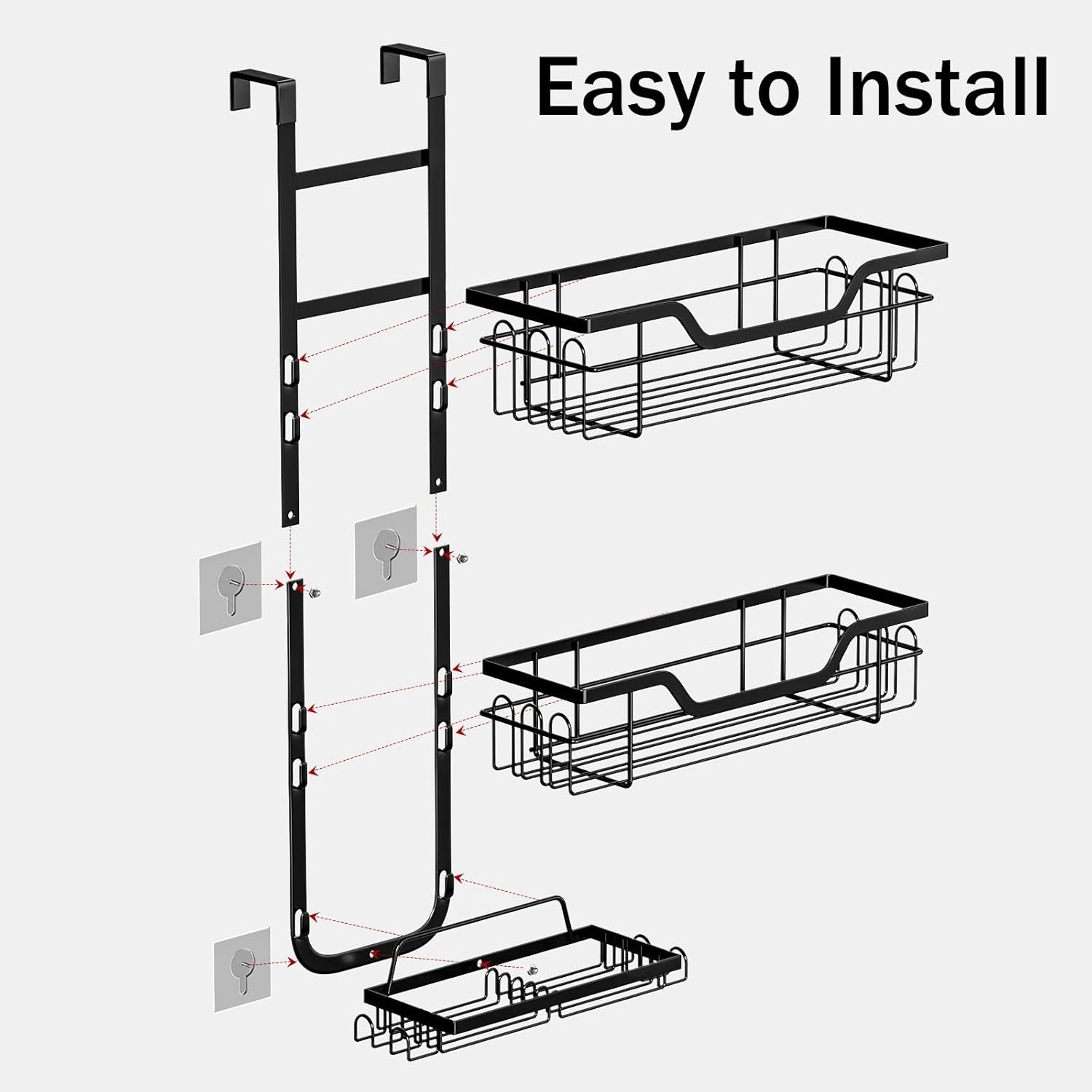 POPULUSL over the Door Shower Caddy, 3 Tier No Drilling Shower Storage with Hooks for Razor and Sponge, Rustproof Bathroom Shower Storage Rack Basket, Easy to Install