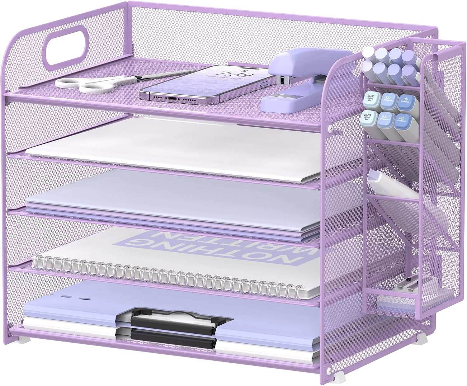 SUPEASY 5 Tier Desk Organizer with Handle & Removable Pen Holders, Mesh Paper/File Organizer for Desk, Paper Letter Tray Organizer for Office Supplies (Purple) image number 5