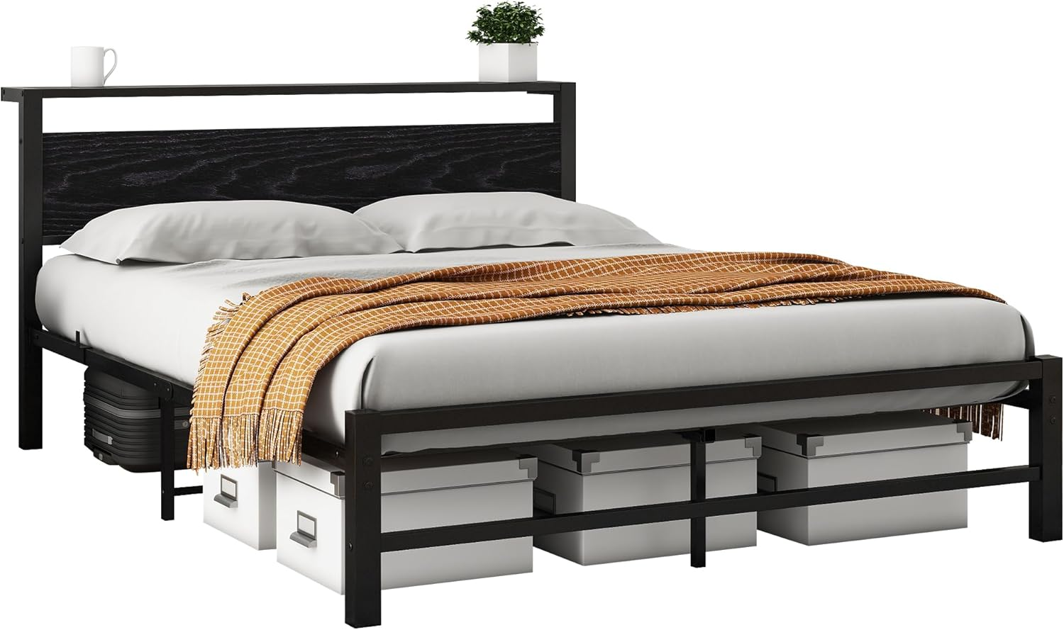 Queen Bed Frame with Wood Storage Headboard, Metal Platform Bed Frame Queen Size No Box Spring Needed, Strong Slats Mattress Foundation, Non-Slip Noise Free, Easy Assembly, Black image number 2