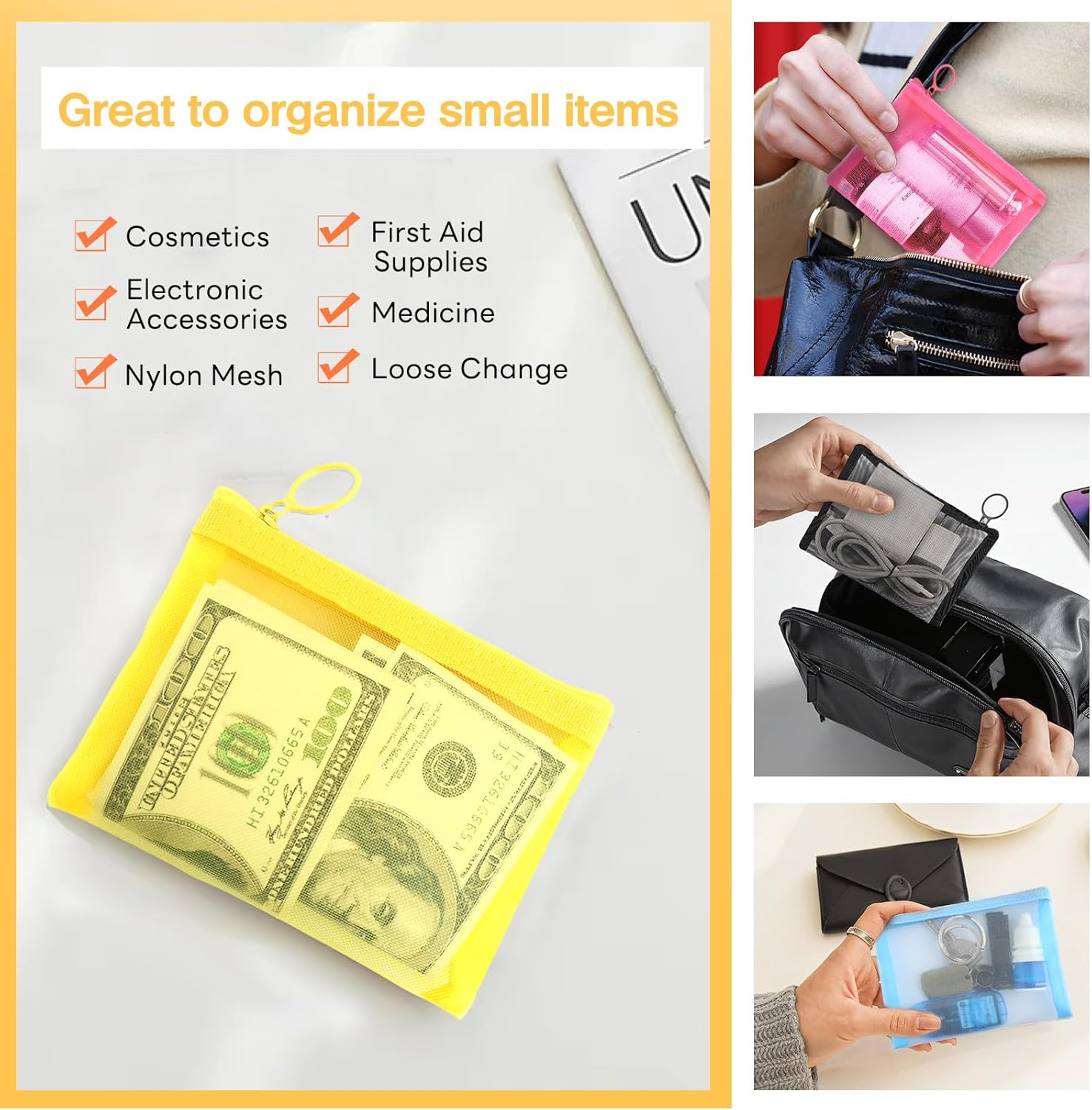 Mesh Zipper Bag Purse Organizer Pouches Makeup/Cosmetic Bag Travel Toiletry Bag Coin Pouch Daily Accessories