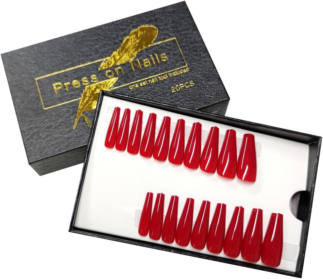Press on Nails Fake Long Coffin Nail Tips Red Glossy 20 Pcs