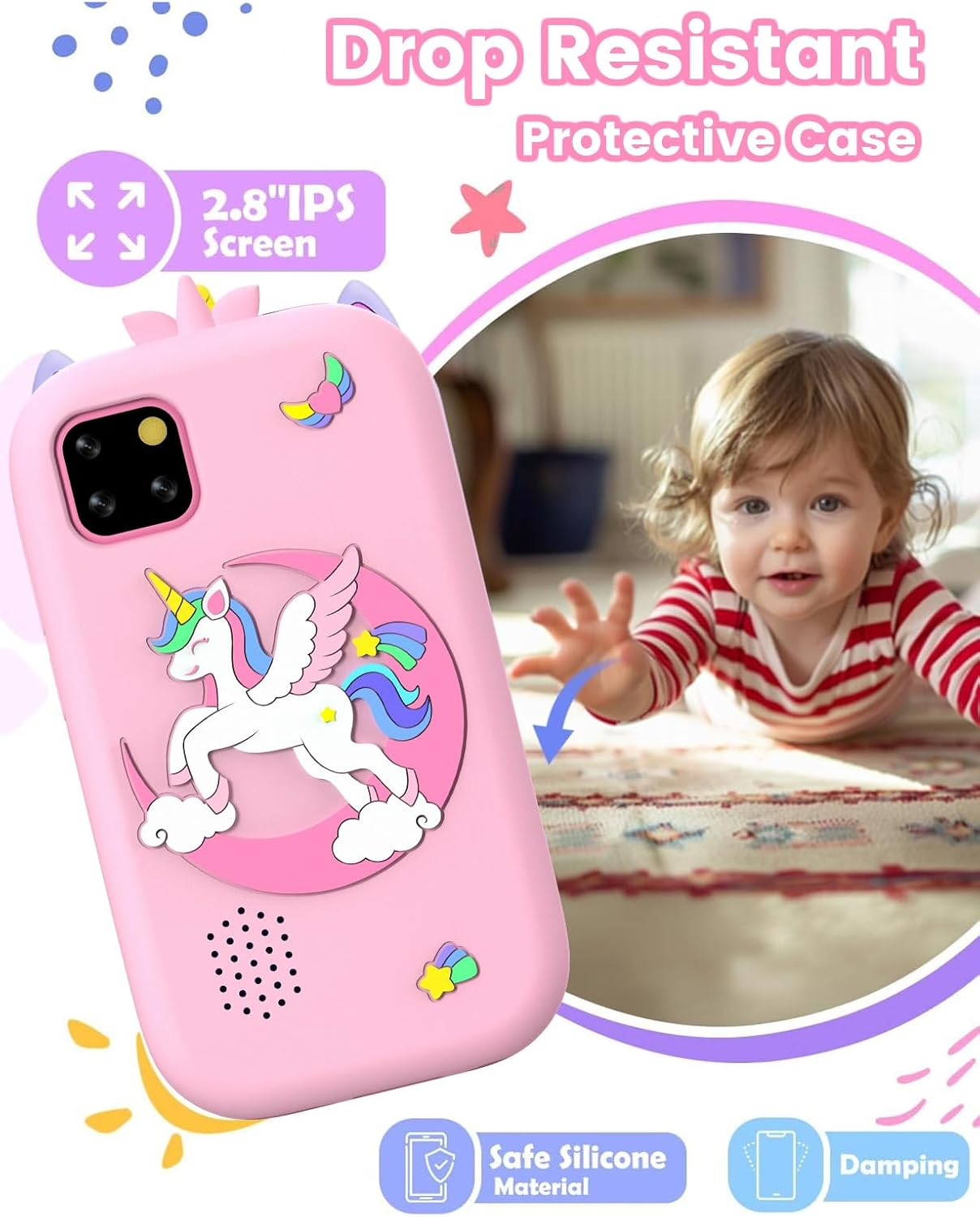 ZONEY Kids Smart Phone Toys, Christmas Birthday Gifts for Girls Age 4-10, Kids Educational Phone, 2.8" Touchscreen Toddler Learning Play Toy Phone with Dual Camera, Game, Music Player, 32GB Card, Pink - Pink image number 6
