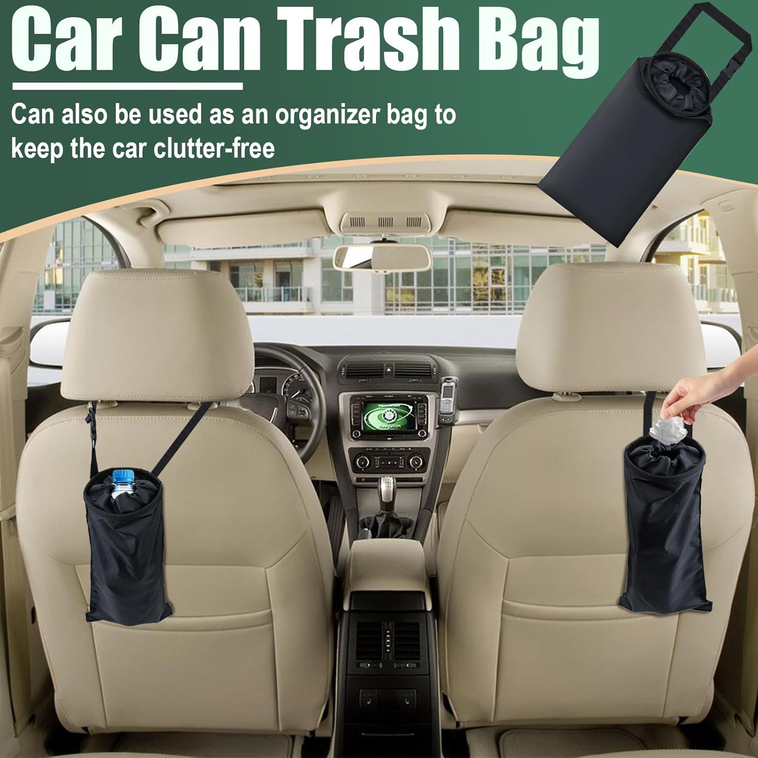 2 PCS Car Trash Bags, Washable Car Garbage Bag Hanging, Detachable Trash Can with Top Elastic Vent & Sticky Strap Bottom Opening, Seat Back Tash Bag for Cars,Travelling,Outdoor image number 3