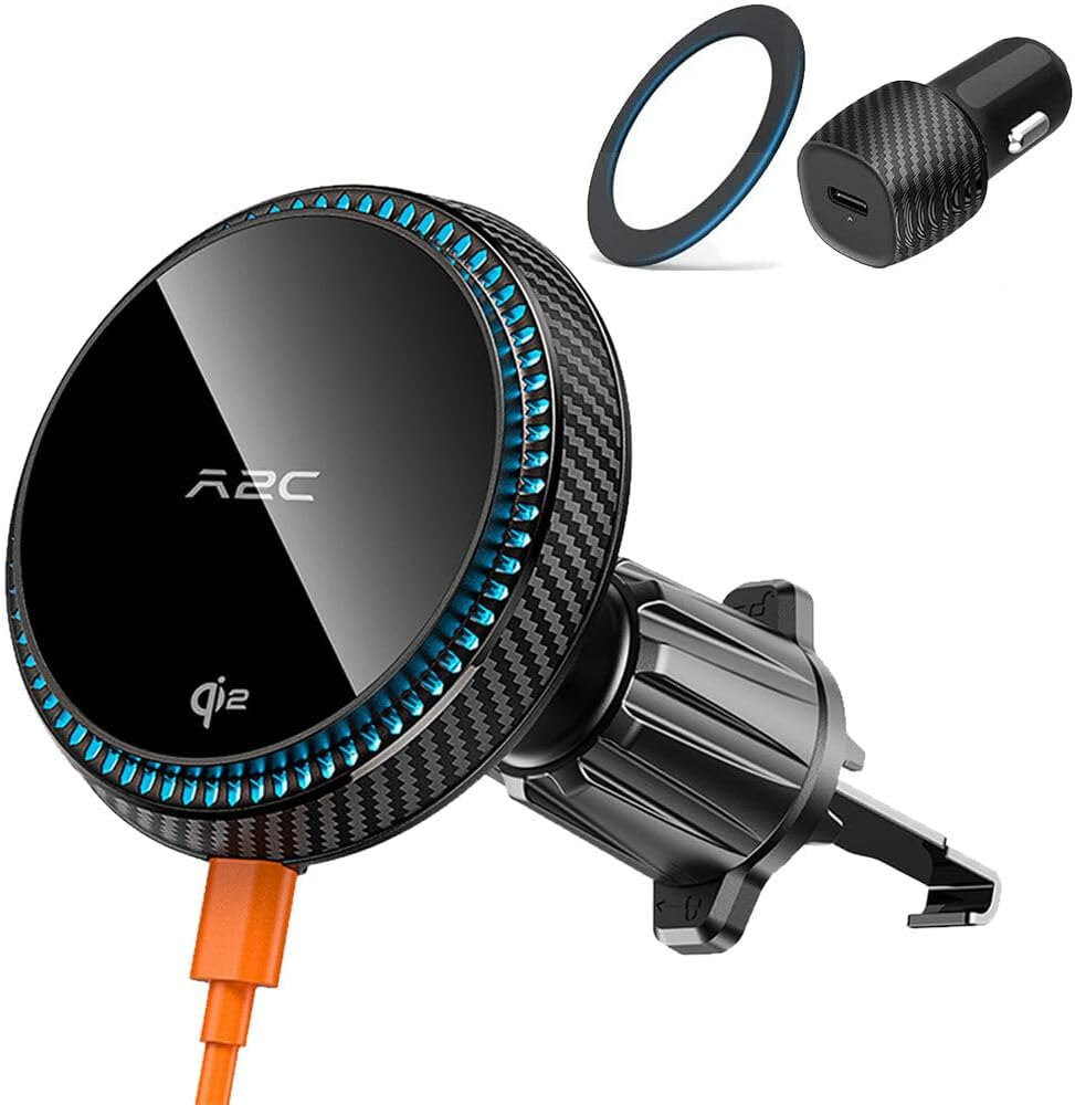 A2C Universal Qi2 Magnetic Car Mount 15W Wireless Charger [Car Plug, USB-C Cable & Metal Ring] for Iphone 17 16 15 14 13 12 Magsafe Case, Magnet Air Vent Phone Holder Cooling Charging - Black image number 2
